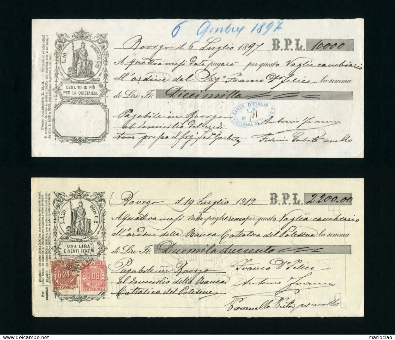 DC-IT N.2 Cambiali Rovigo 1897 - 1912 -in Controluce Filigrana Con Stemma Sabaudo Anni 1893+1910 - Lettres De Change