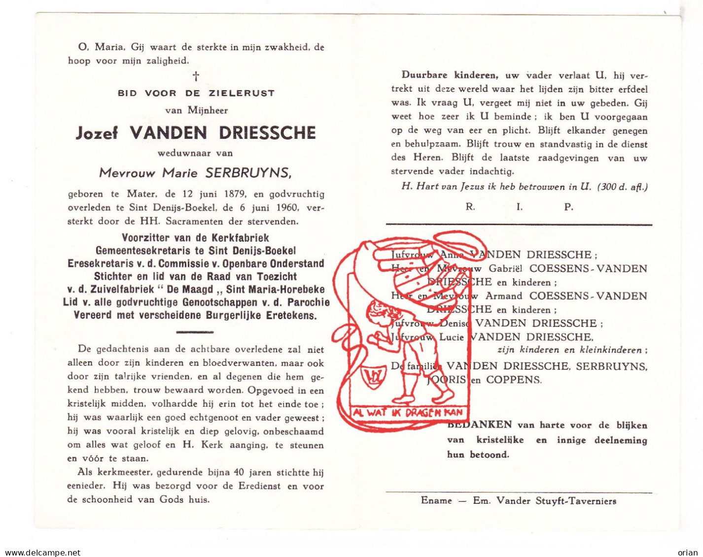 DP Voorz Secr. & Stichter - Jozef Vanden Driessche ° Mater Oudenaarde 1879† St-Denijs-Boekel Zwalm 1960 Serbruyns Jooris - Devotieprenten