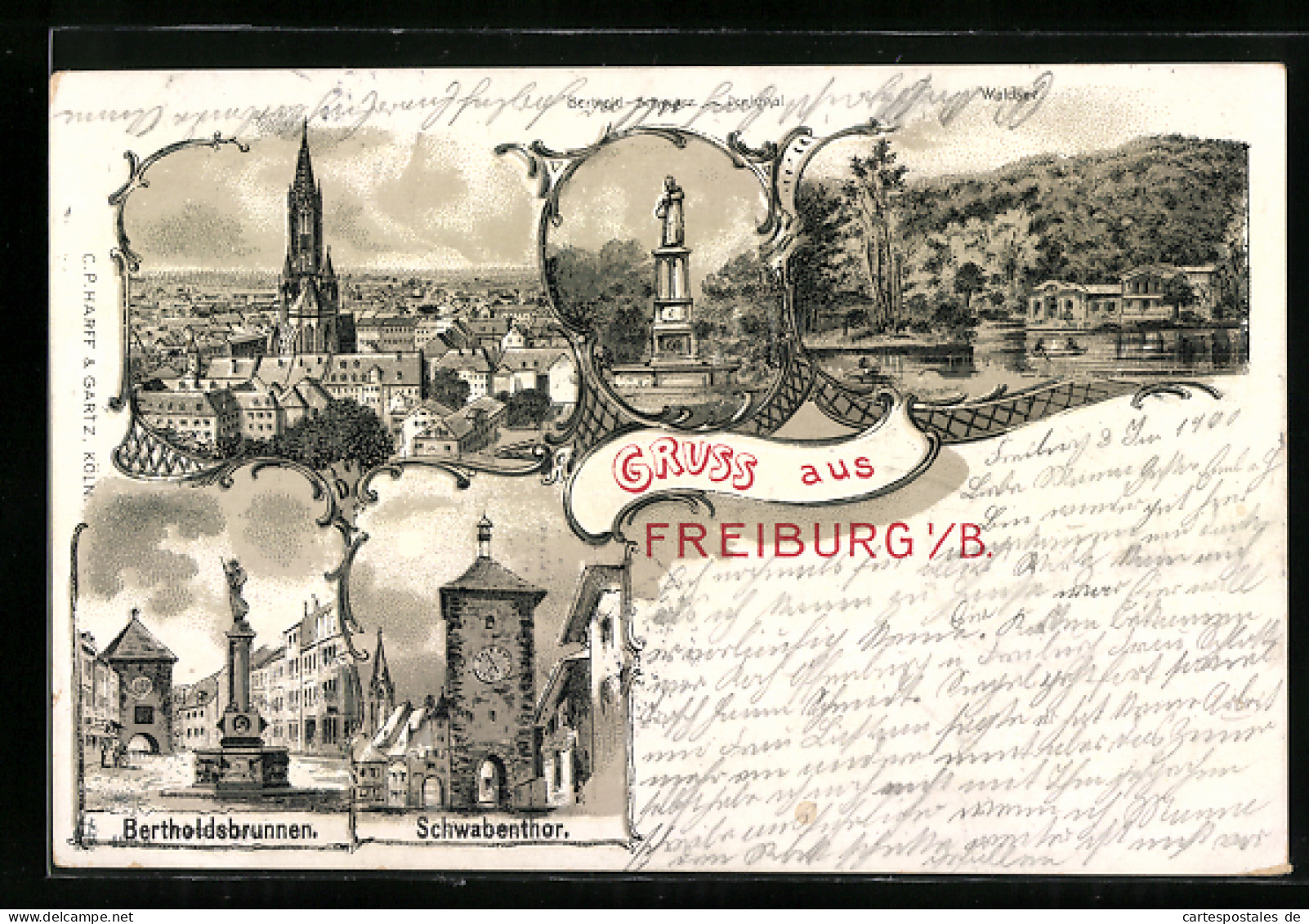 Lithographie Freiburg I. B., Bertholdsbrunnen, Münster, Schwabenthor  - Freiburg I. Br.