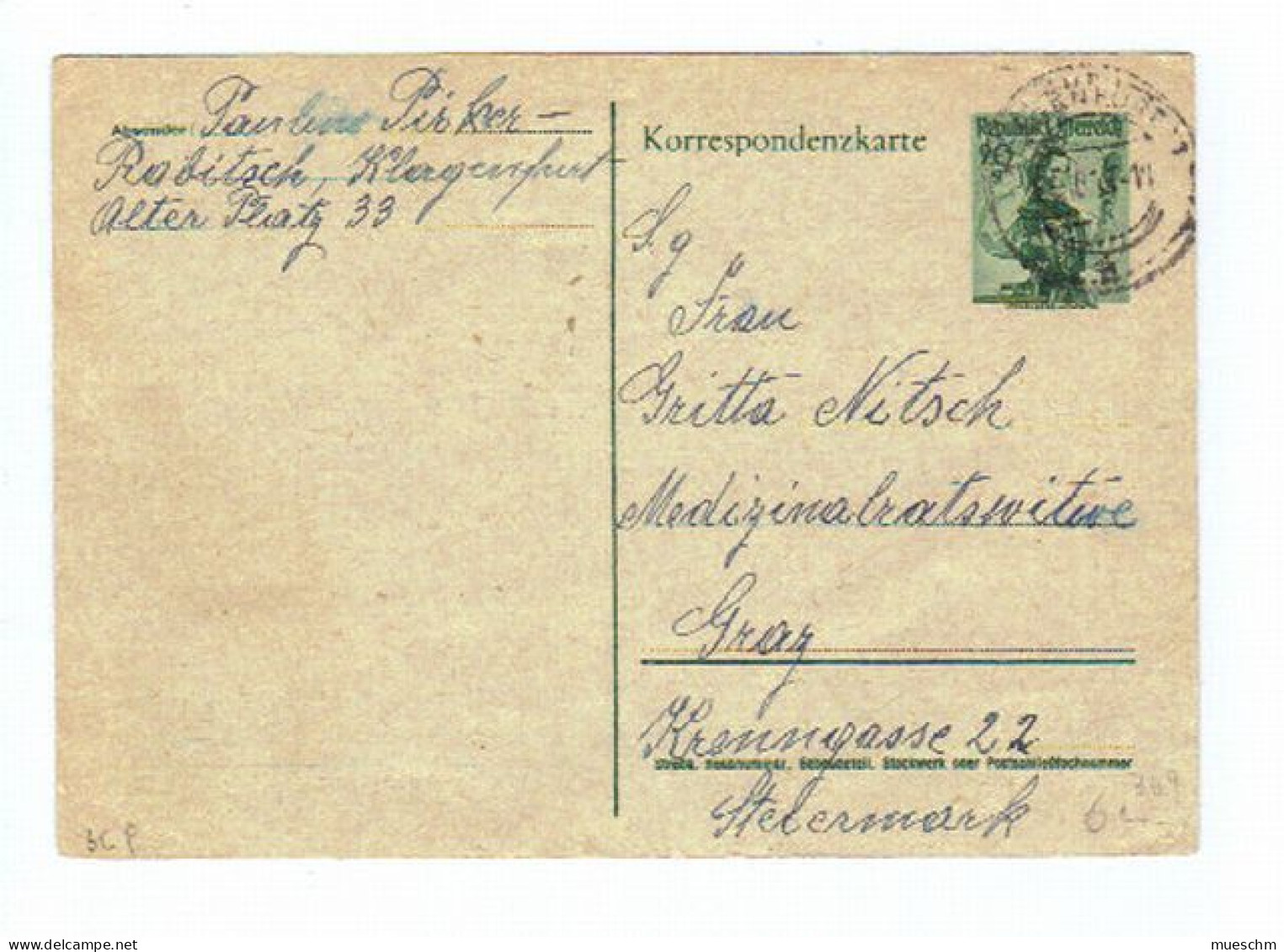 Österreich, 1948, Korr.karte M. Eingedr.Frankatur 20g, Stempel "Klagenfurt" (10890W) - Cartes Postales
