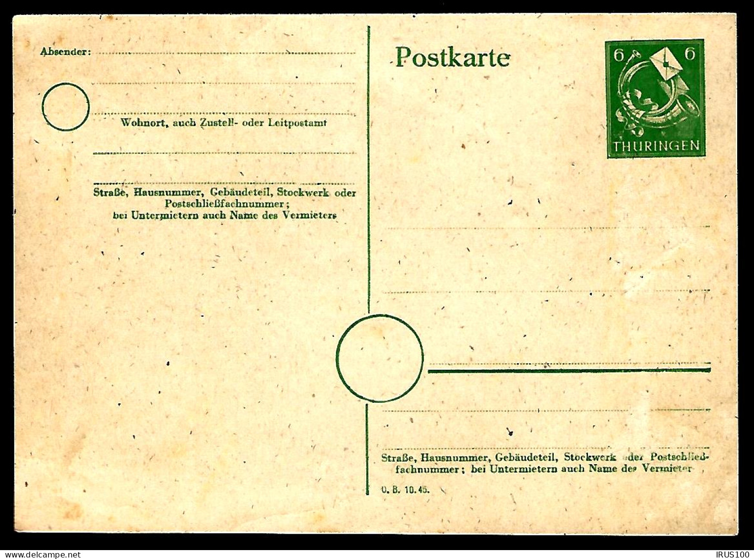 ENTIER POSTAL - GANZSACHE - THÜRINGEN -  - Autres & Non Classés