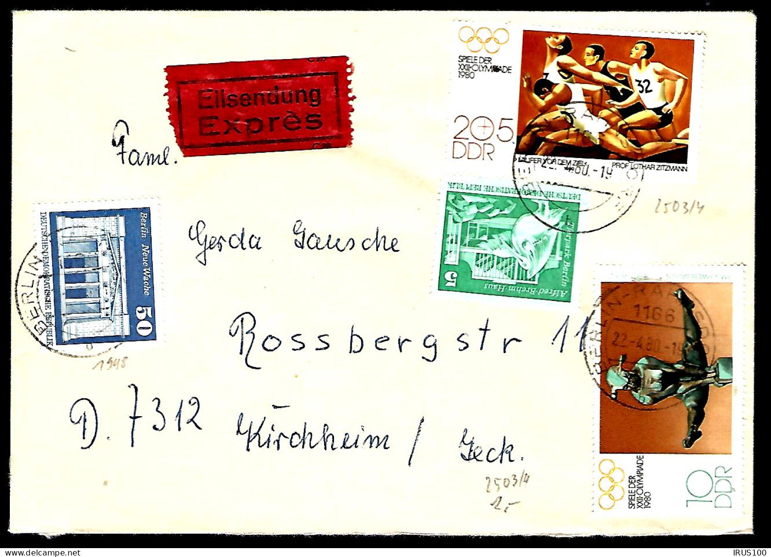 BERLIN RAHNSDORF - 1980 - EILSENDUNG EXPRESS - POUR KIRCHHEIM - GYMNASTIQUE - COURSE -  - Lettres & Documents