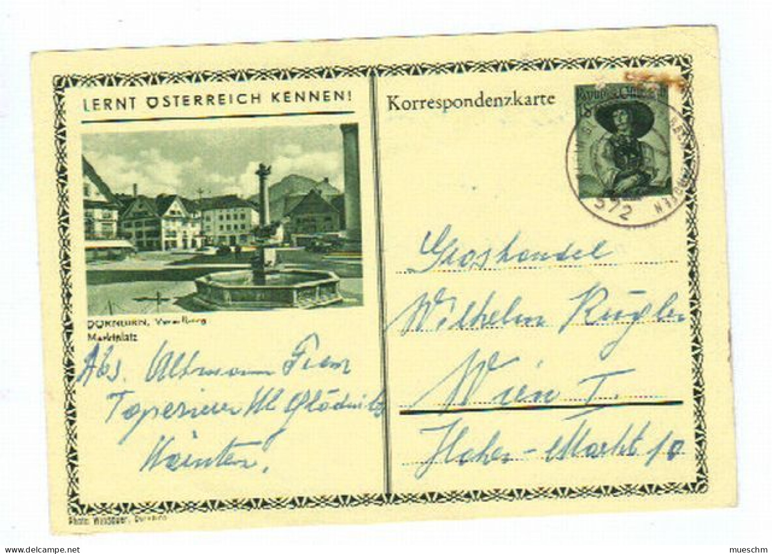 Österreich, 1953, Bild-Korr.karte V. Dornbirn M. Eingedr.Frankatur 1S/Trachten, Bahnpoststempel (10898W) - Briefe U. Dokumente