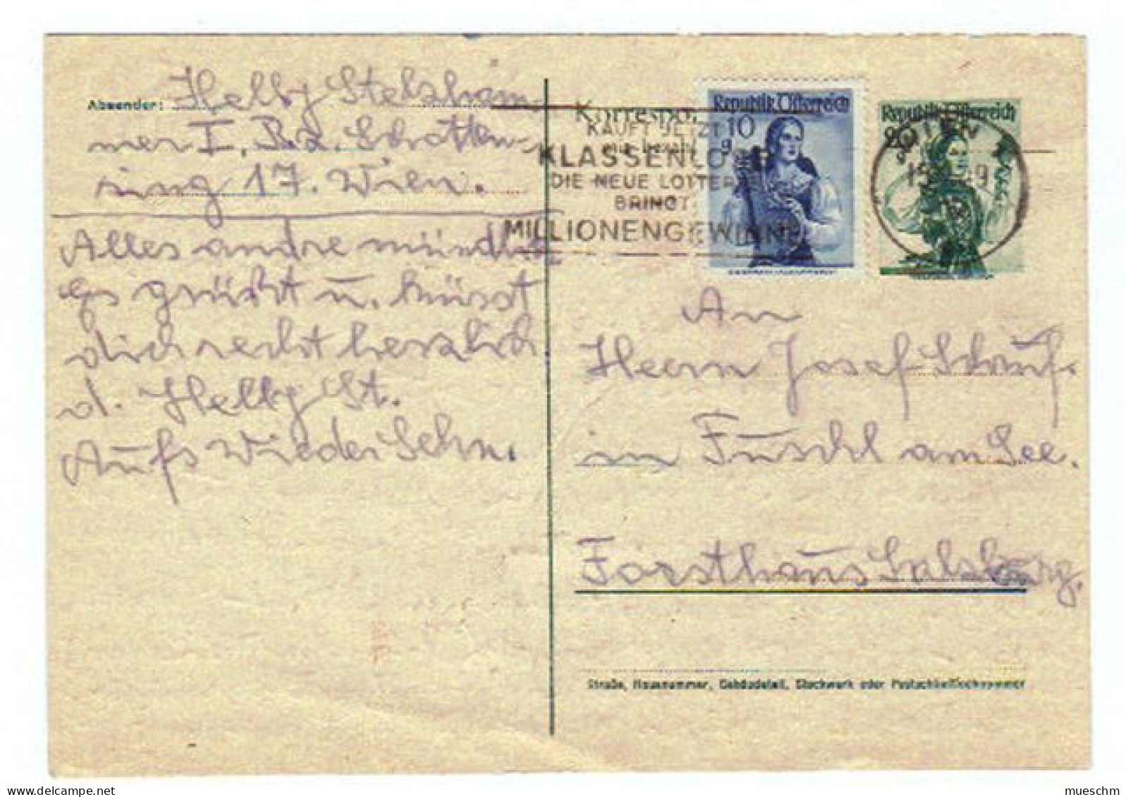 Österreich, 1949, Postkarte M. Eingedr.Frankatur 20gr/Trachten U. Zusatzfrank 10gr/Trachten (10959W) - Postkarten