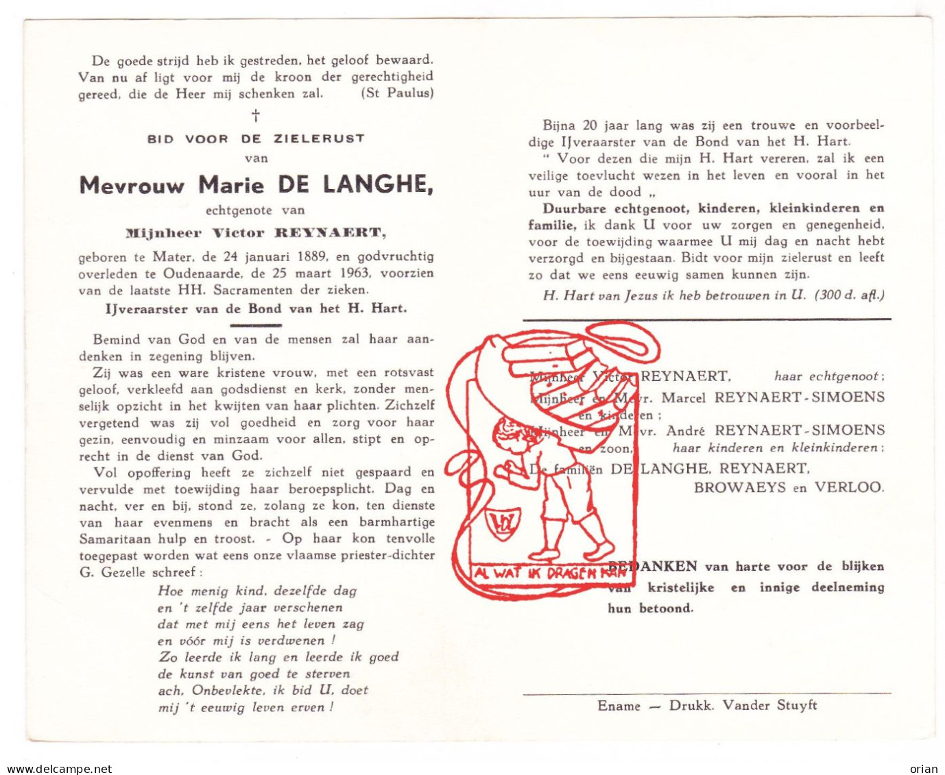DP Marie De Langhe ° Mater 1889 † Oudenaarde 1963 X Victor Reynaert // Simoens Browaeys Verloo - Devotieprenten
