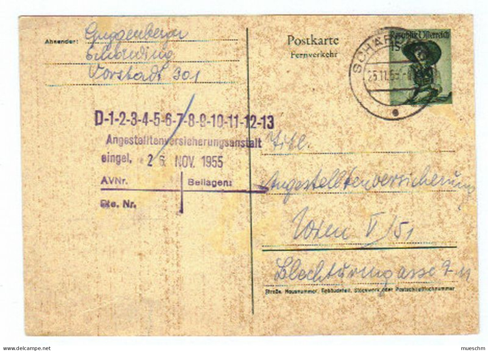 Österreich, 1955, Postkarte-Fernverkehr M. Eingedr.Frankatur öS 1,00/Trachten Grün, Stempel Schärding (10964W) - Cartes Postales
