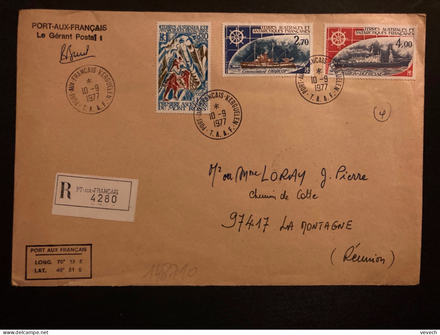 LR Pour La REUNION (97417 LA MONTAGNE) TP MARION DUFRESNE 4,00  CDT CHARCOT 2,70 + MONT ROSS 0,30 OBL.10-9 1977 PORT AUX - Lettres & Documents