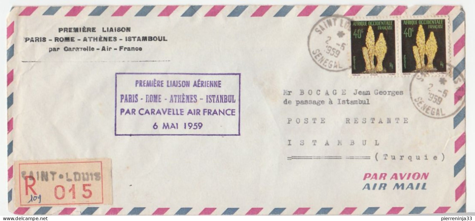 Lettre Recommandée St Louis Du Sénégal/1ère Liaison Par Caravelle Air France: Paris-Rome-Athènes,... - Briefe U. Dokumente