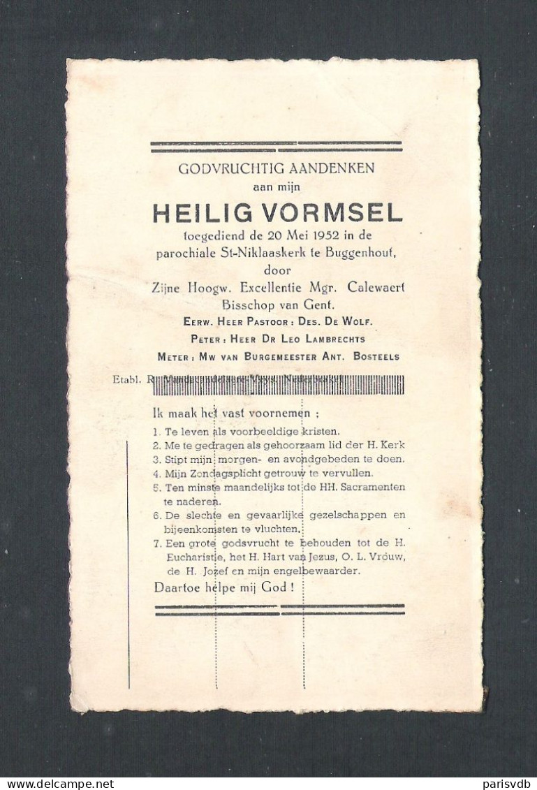 BUGGENHOUT - VOORZICHT VAN HET HEILIGDOM - KAPEL - AANDENKEN  HEILIG VORMSEL 20 MEI 1952  (2 Scans)  (14.639) - Buggenhout