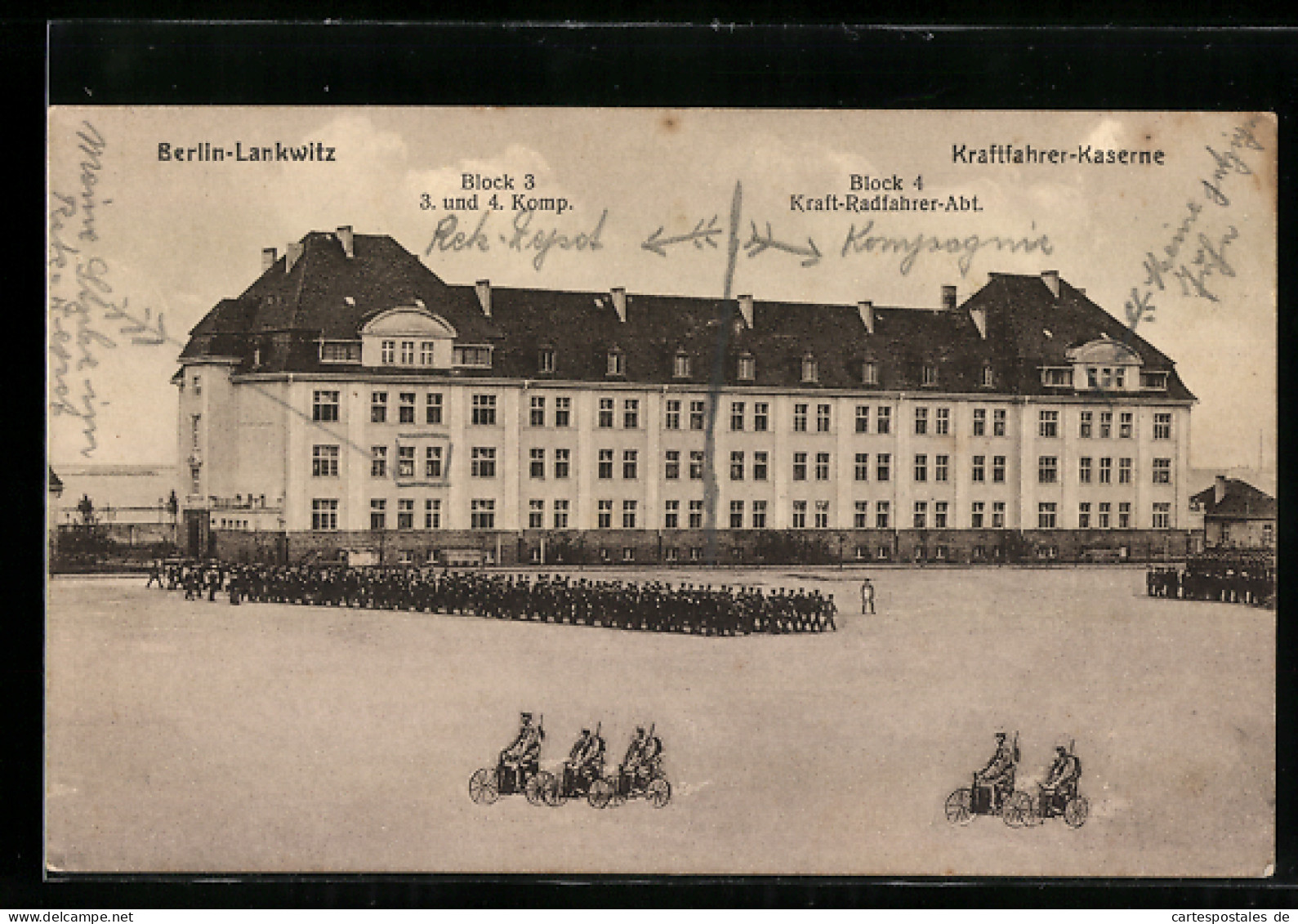 AK Berlin-Lankwitz, Kraftfahrer-Kaserne, Block 3 D. 3. & 4. Komp., Block 4 D. Kraft-Radfahrer-Abt.  - Steglitz