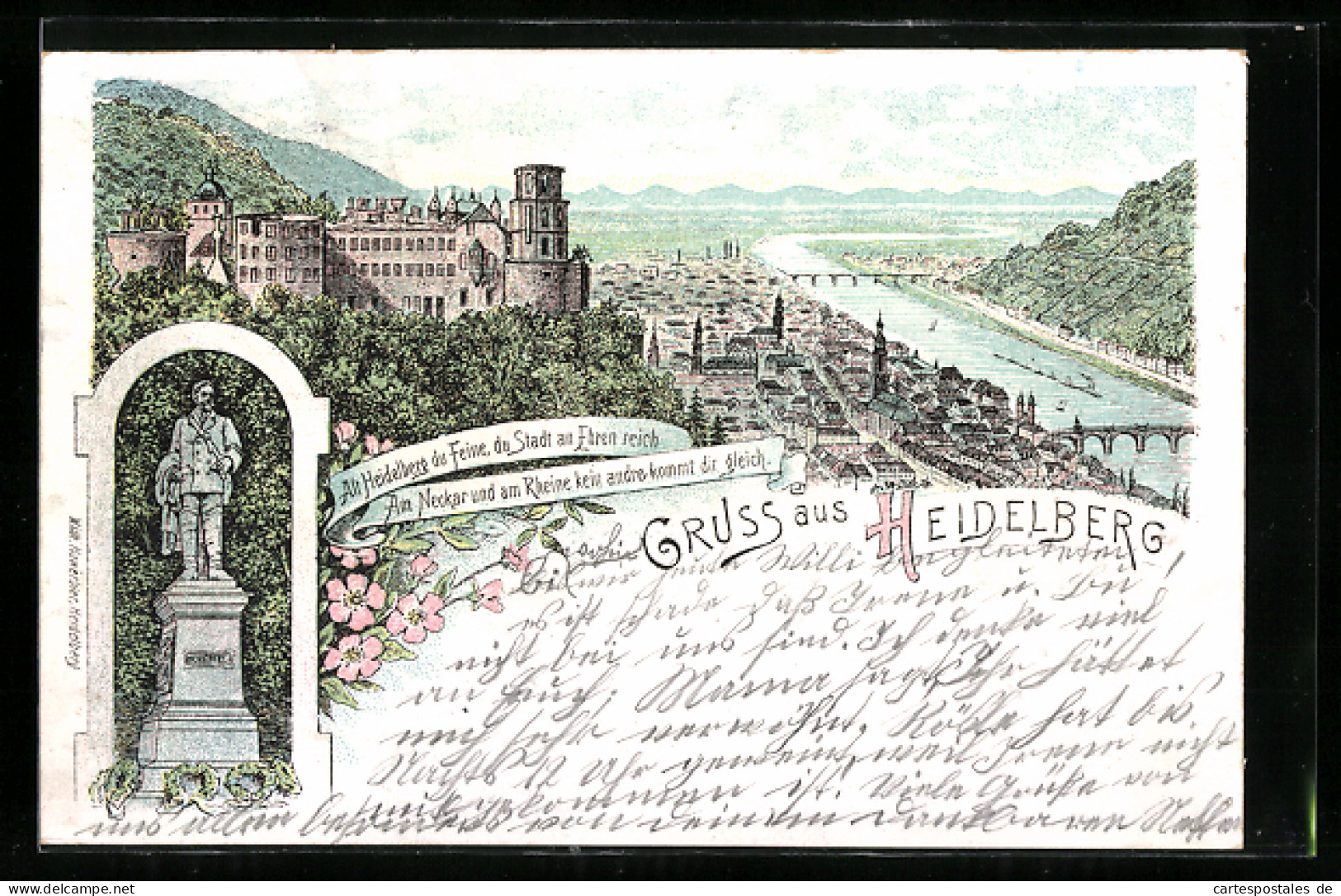 Lithographie Heidelberg, Panorama Mit Scheffel-Denkmal  - Heidelberg