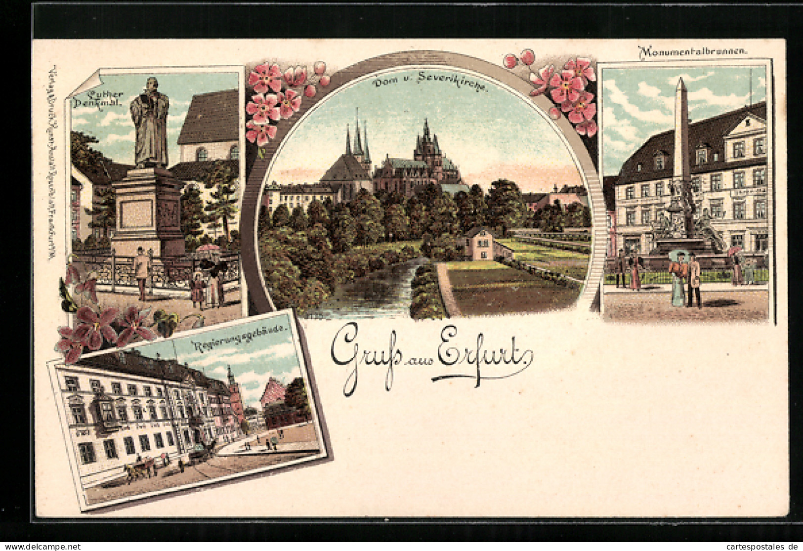 Lithographie Erfurt, Dom Und Severikirche Und Monumentalbrunnen  - Erfurt