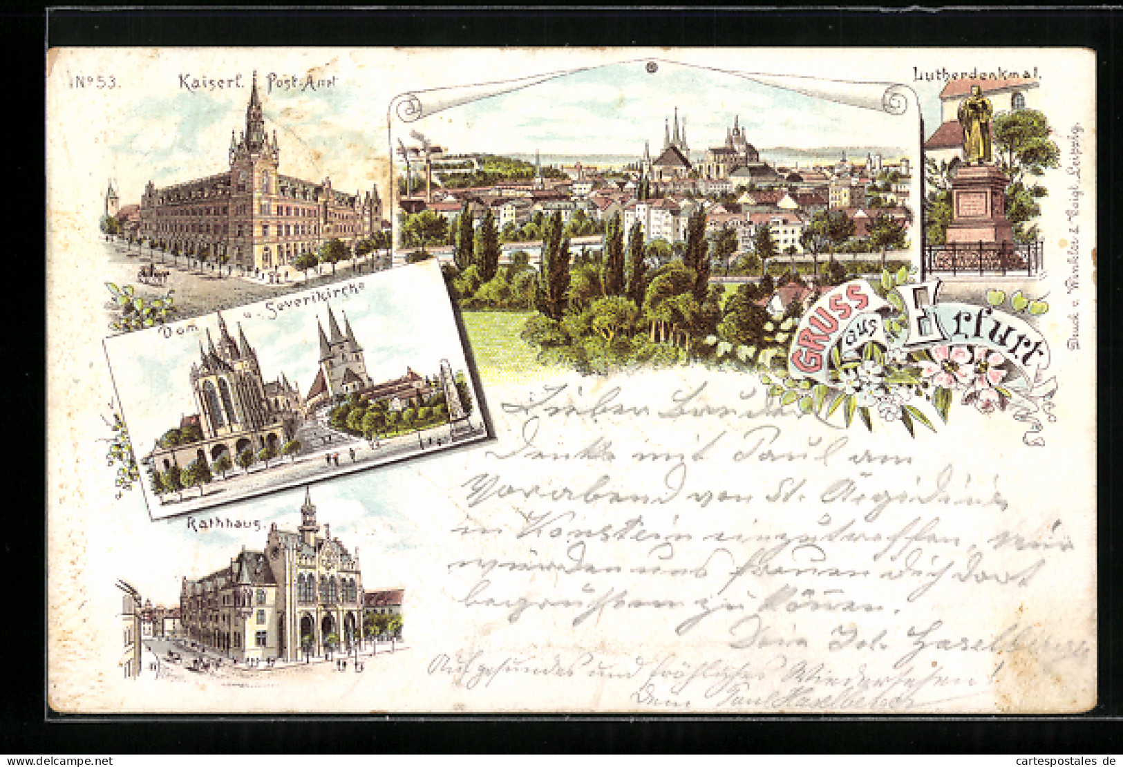 Vorläufer-Lithographie Erfurt, Kaiserl. Post-Amt, Dom Und Severikirche, Rathaus 1893  - Erfurt