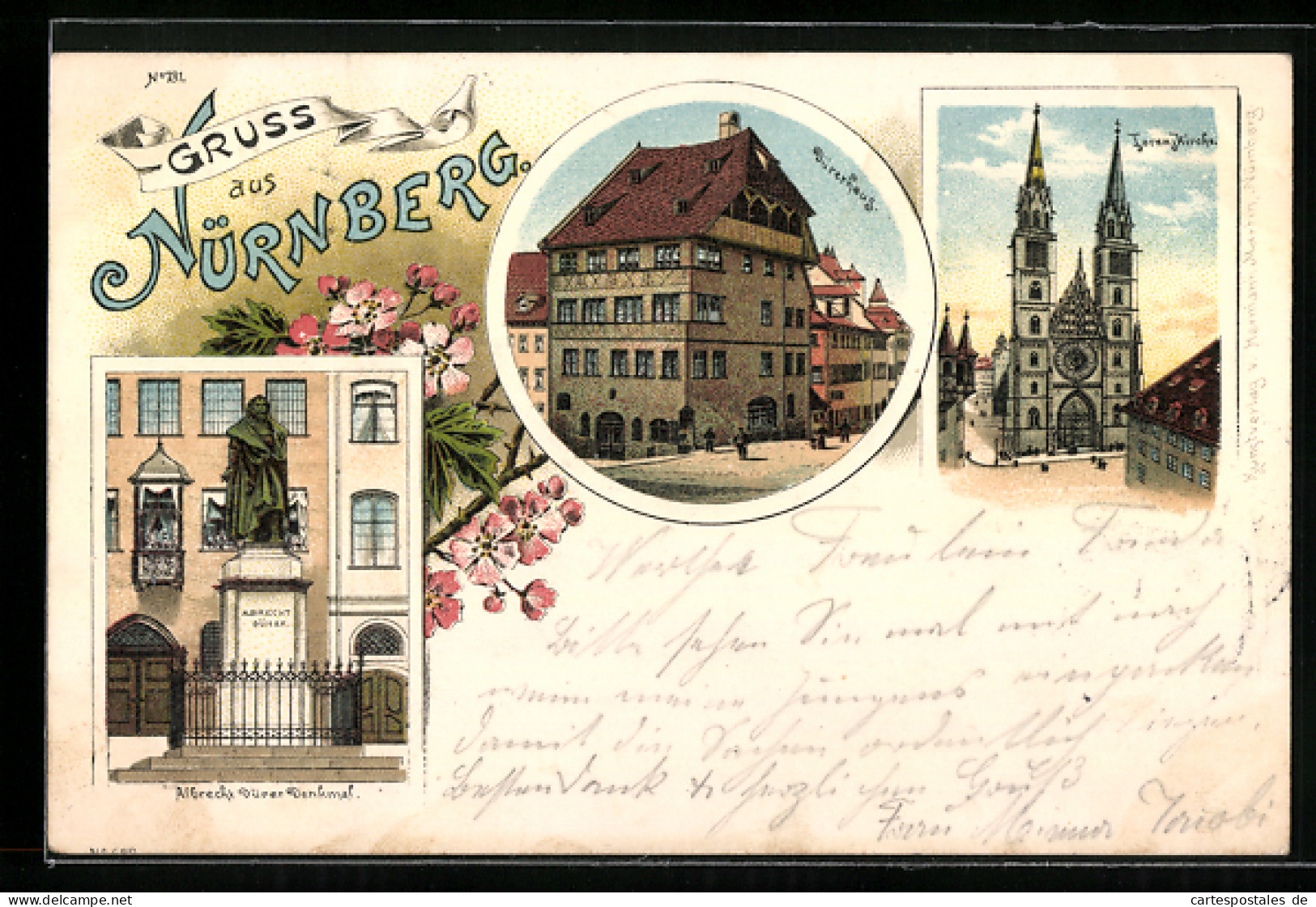 Lithographie Nürnberg, Albrecht Dürer Denkmal, Dürerhaus  - Nuernberg