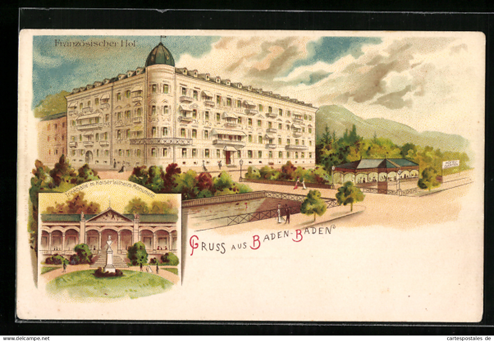 Lithographie Baden-Baden, Französischer Hof, Trinkhalle Mit Kaiser Wilhelm Monument  - Baden-Baden