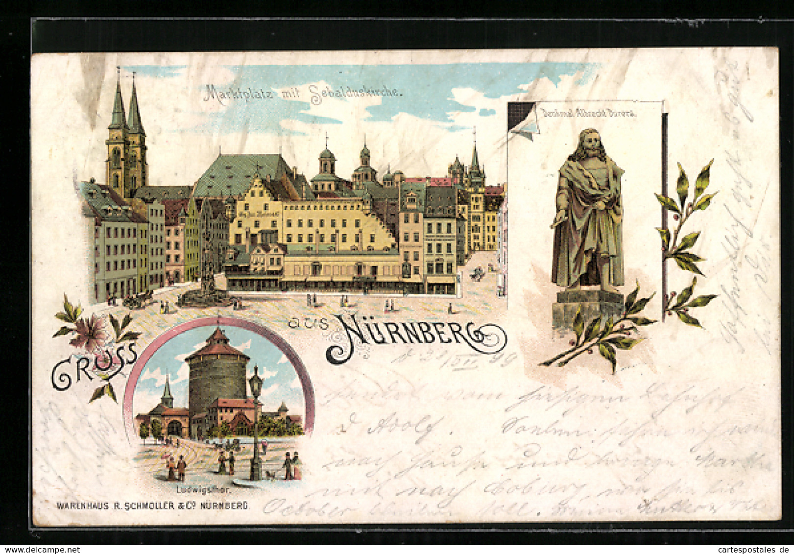 Lithographie Nürnberg, Marktplatz Mit Sebalduskirche, Denkmal Albrecht Dürer, Ludwigsthor  - Nuernberg