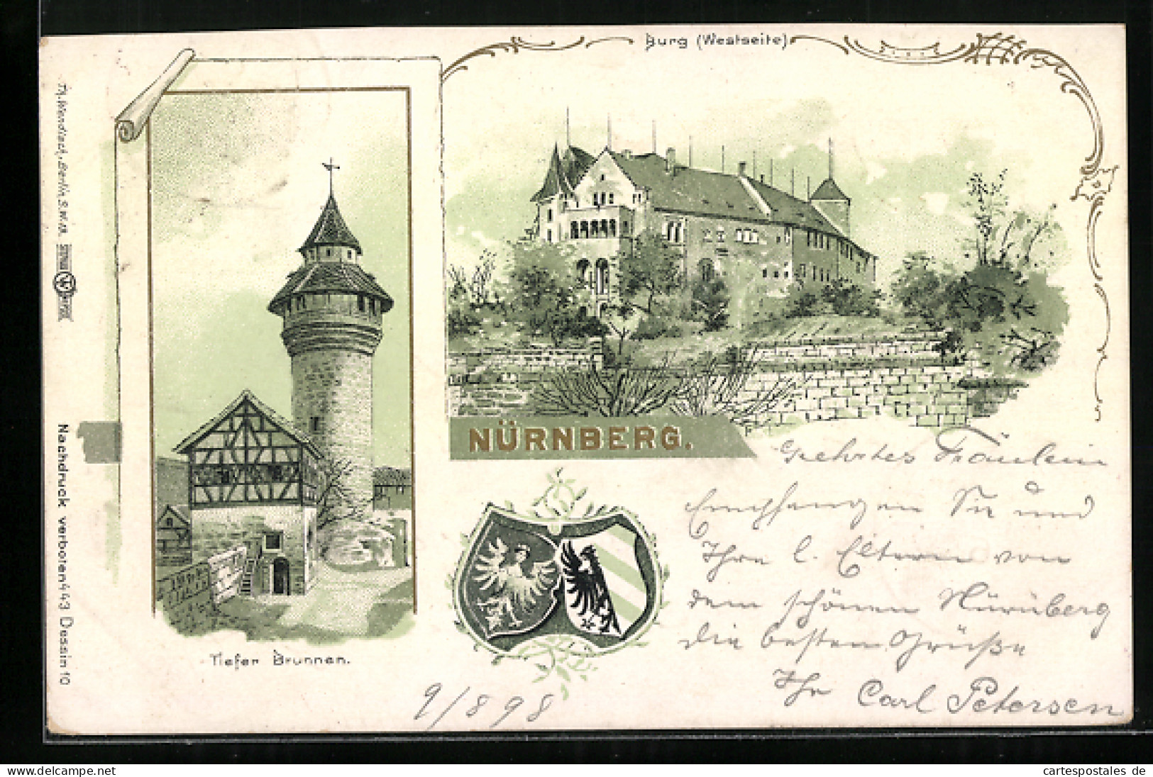 Lithographie Nürnberg, Tiefer Brunnen, Burg, Wappen  - Nuernberg