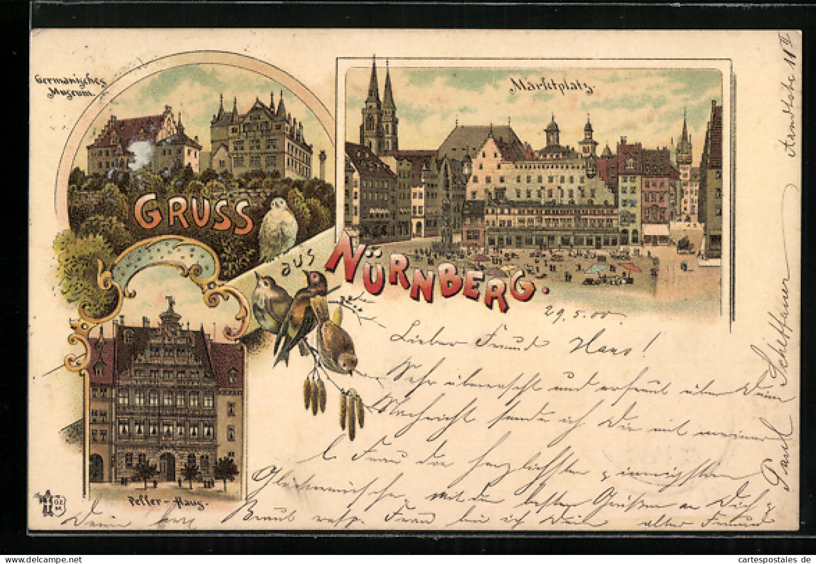 Lithographie Nürnberg, Marktplatz, Germanisches Museum, Peffer-Haus  - Nürnberg