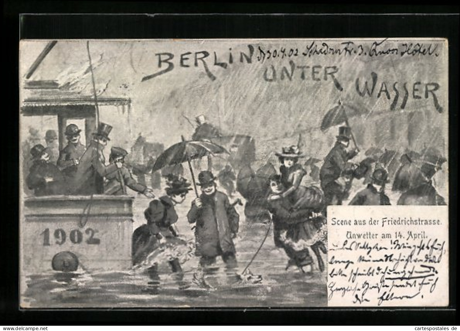 Künstler-AK Berlin, Hochwasser 1902, Fahrgäste Verlassen Dee Vom Blitzschlag Getroffene Elektrische  - Überschwemmungen