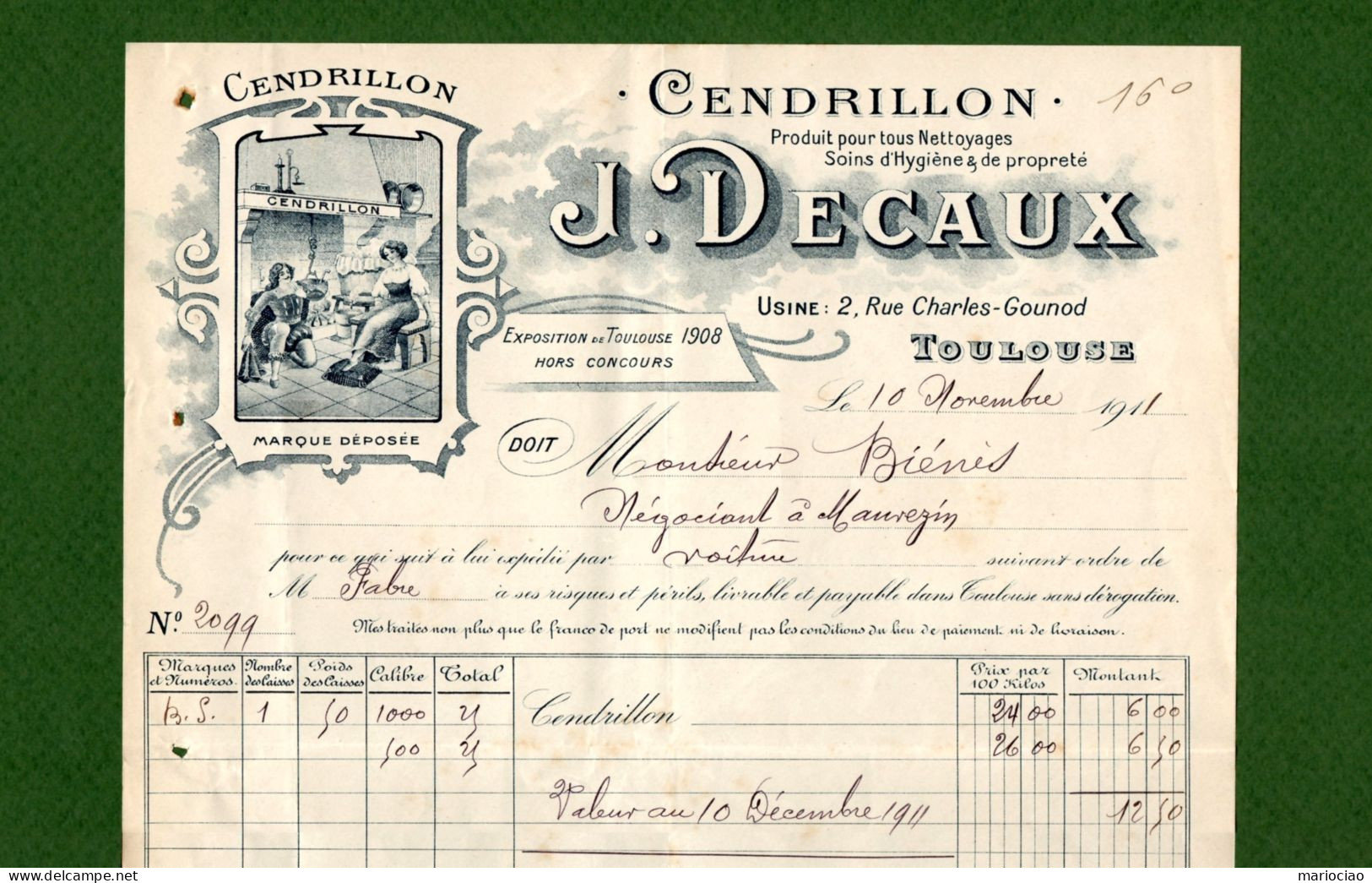 DF-FR 31 TOULOUSE 1908 Cendrillon Produit Pour Tous Nettoyages J. DECAUX - Sonstige & Ohne Zuordnung