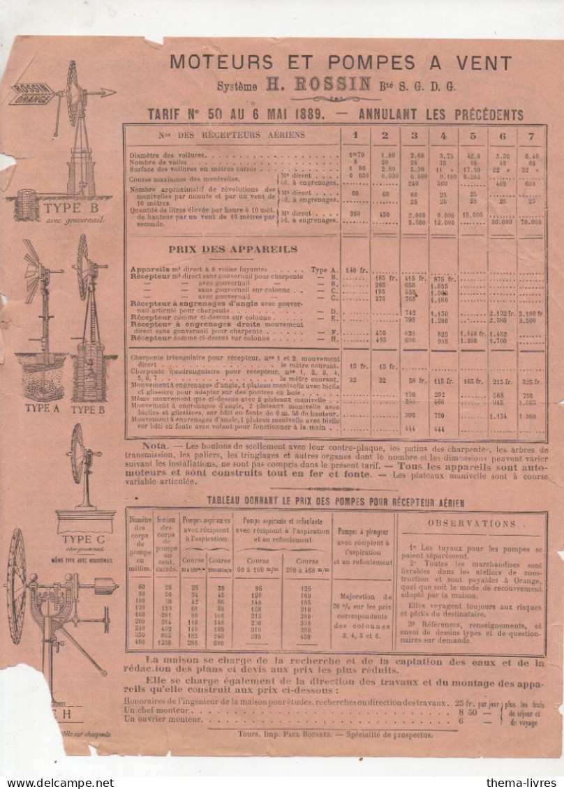 Orange (83) Lettre Circulaire-tarif   H ROSSIN  Moteurs Et Pompes à Vent, Tuyaux Canalisations...1889  (PPP47326) - Reclame