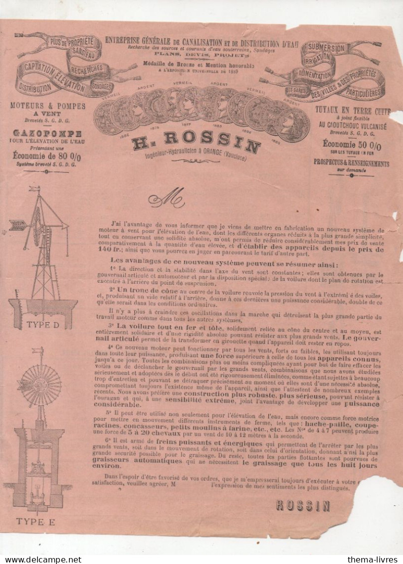 Orange (83) Lettre Circulaire-tarif   H ROSSIN  Moteurs Et Pompes à Vent, Tuyaux Canalisations...1889  (PPP47326) - Reclame