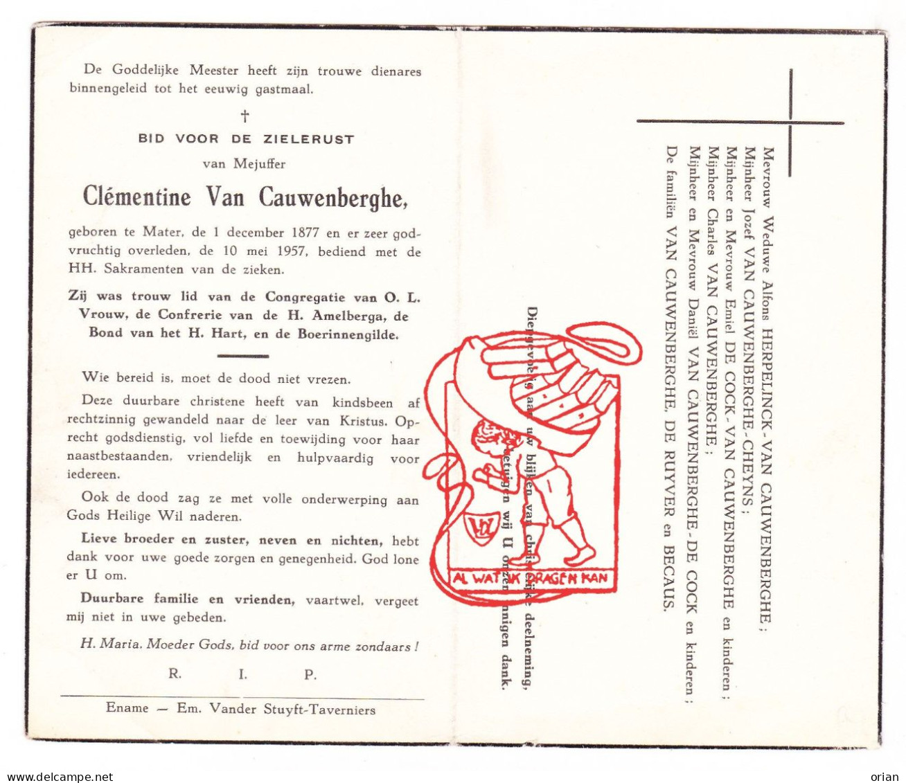 DP Juff. Clémentine Van Cauwenberghe ° Mater Oudenaarde 1877 † 1957 Herpelinck Cheyns De Cock De Ruyver Becaus - Devotion Images