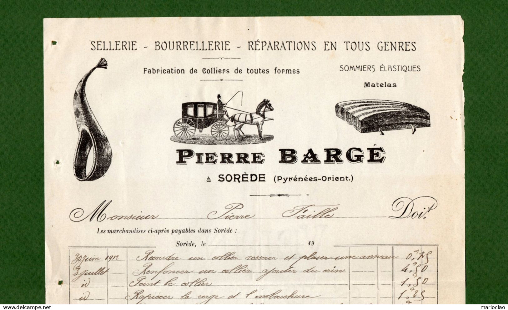 DF-FR 66 SOREDE 1912 Sellerie Bourrellerie PIERRE BARGE - Andere & Zonder Classificatie