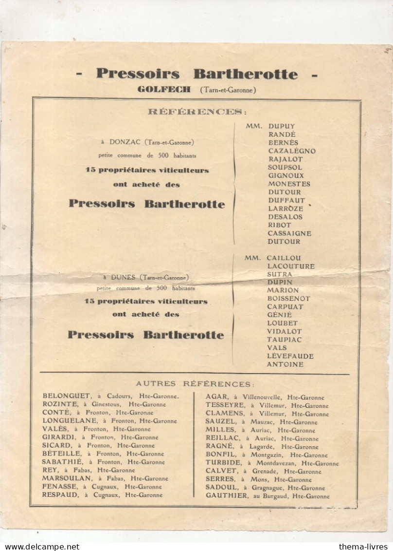 Golfech / Donzac / Dunes  (82) Lettre Circulaire-tarif   Pressoirs BARTHEROTTE (PPP47327) - Reclame