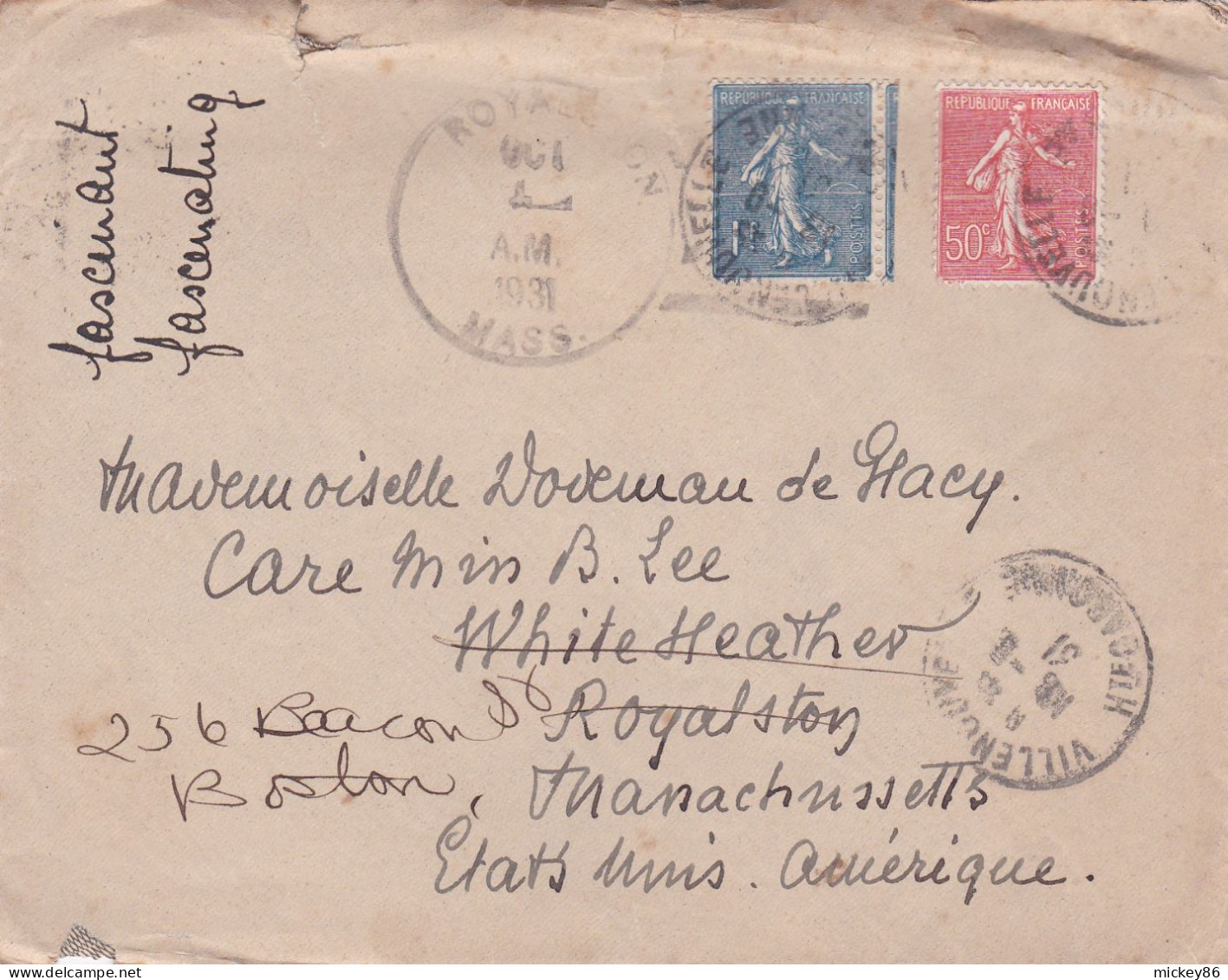 1931--lettre VILLENOUVELLE-31 Pour ROYALSTON Réexpédiée Sur BOSTON (Etats-Unis) ,type Semeuse Lignée,  Cachets - 1921-1960: Moderne