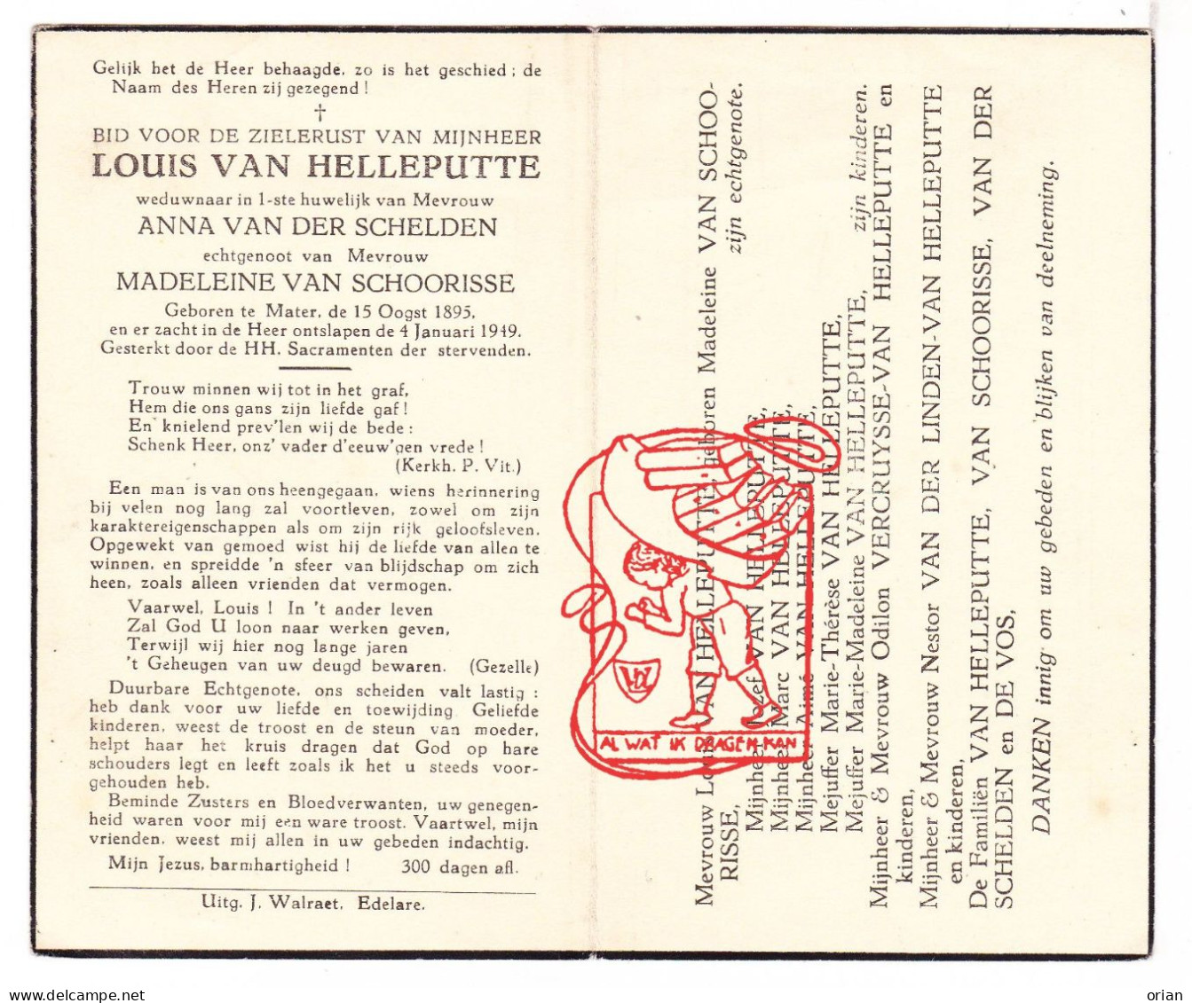 DP Louis Van Helleputte ° Mater Oudenaarde 1895 † 1949 Vanderschelden Van Schoorisse Vercruysse Vanderlinden De Vos - Devotion Images