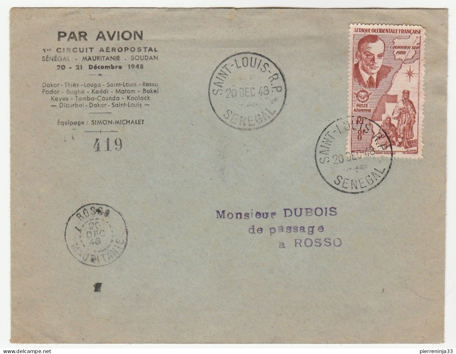 Lettre St Louis Du Sénégal/ 1er Circuit Aéropostal Par Avion Sénégal-Mauritanie-Soudan, 1948 - Lettres & Documents