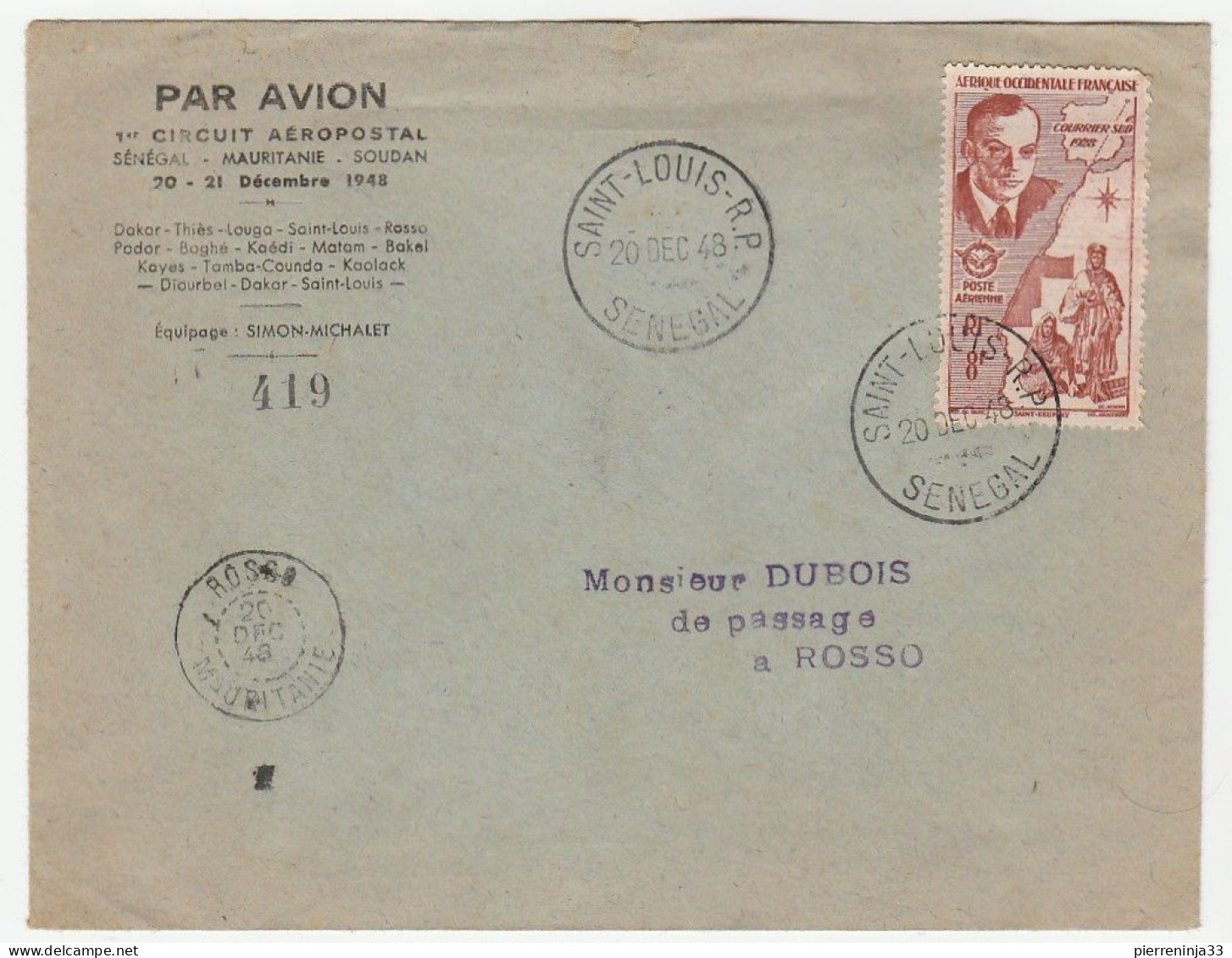 Lettre St Louis Du Sénégal/ 1er Circuit Aéropostal Par Avion Sénégal-Mauritanie-Soudan, 1948 - Storia Postale