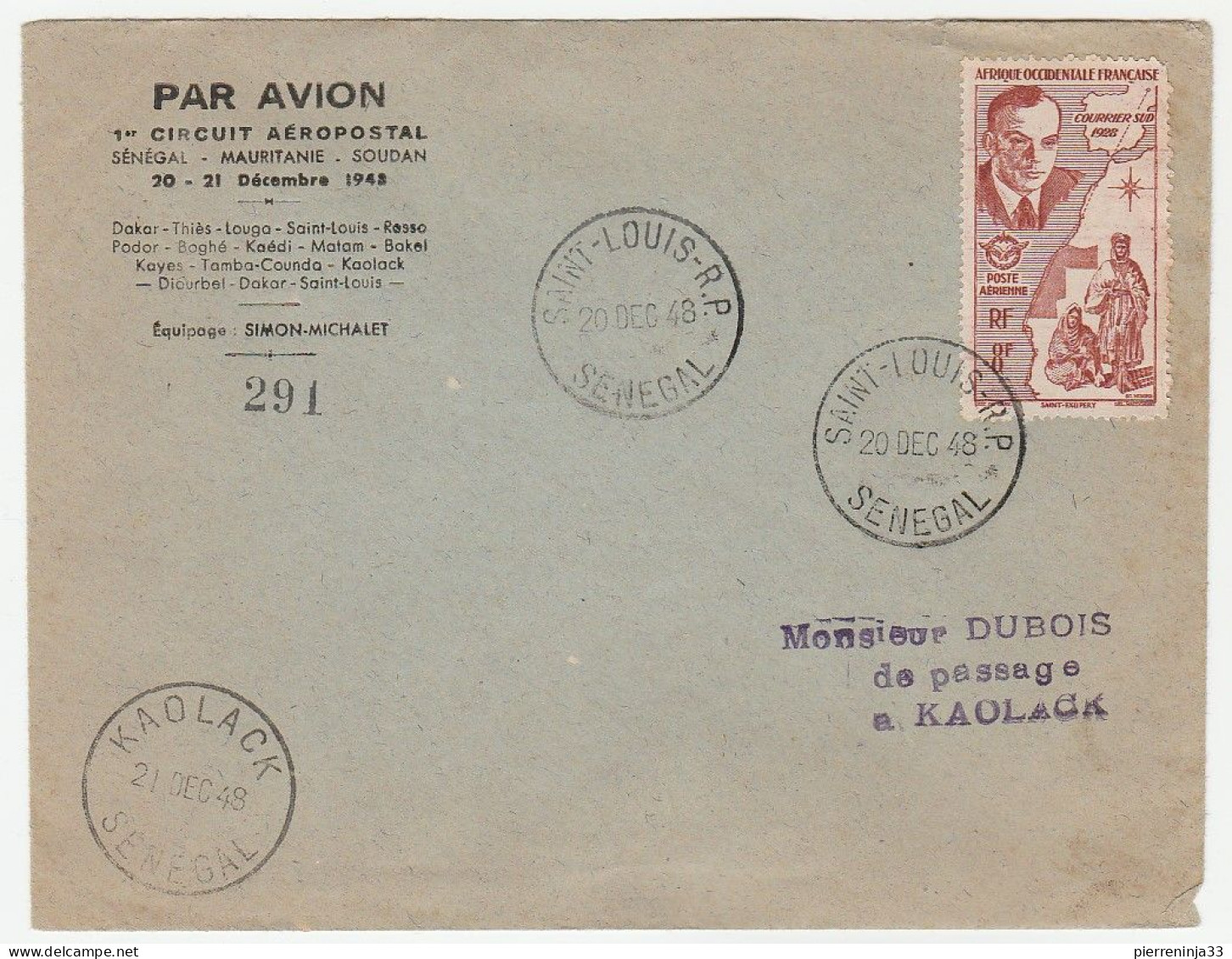 Lettre St Louis Du Sénégal/ 1er Circuit Aéropostal Par Avion Sénégal-Mauritanie-Soudan, 1948 - Brieven En Documenten