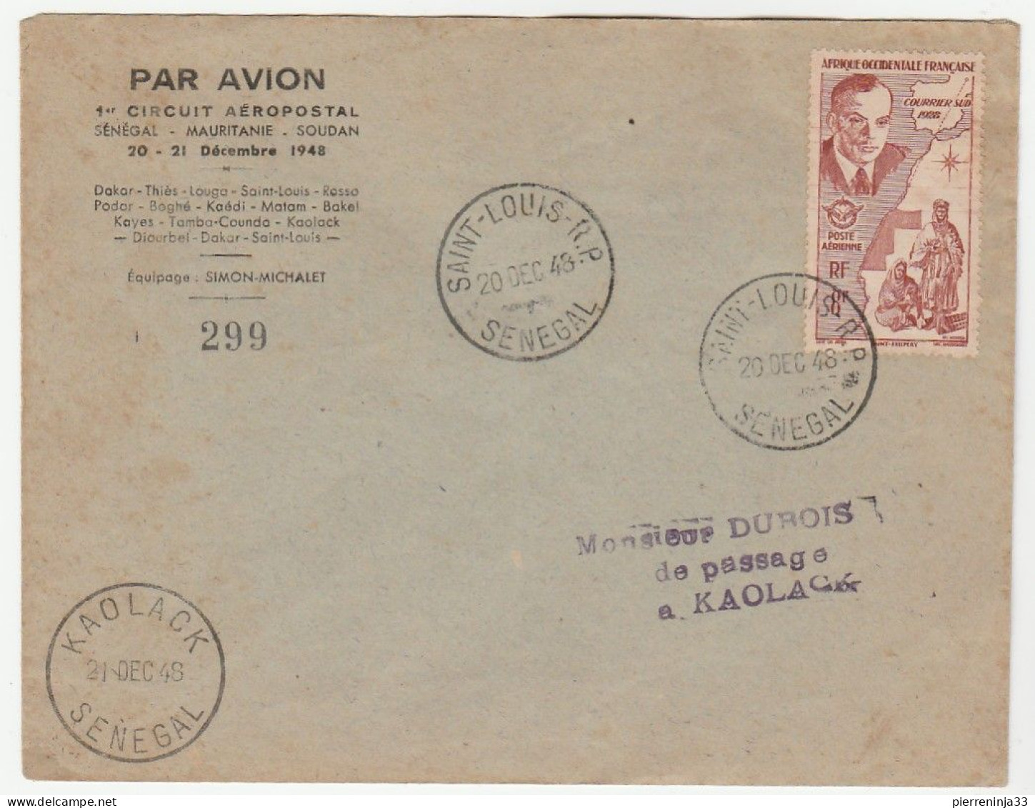 Lettre St Louis Du Sénégal/ 1er Circuit Aéropostal Par Avion Sénégal-Mauritanie-Soudan, 1948 - Lettres & Documents