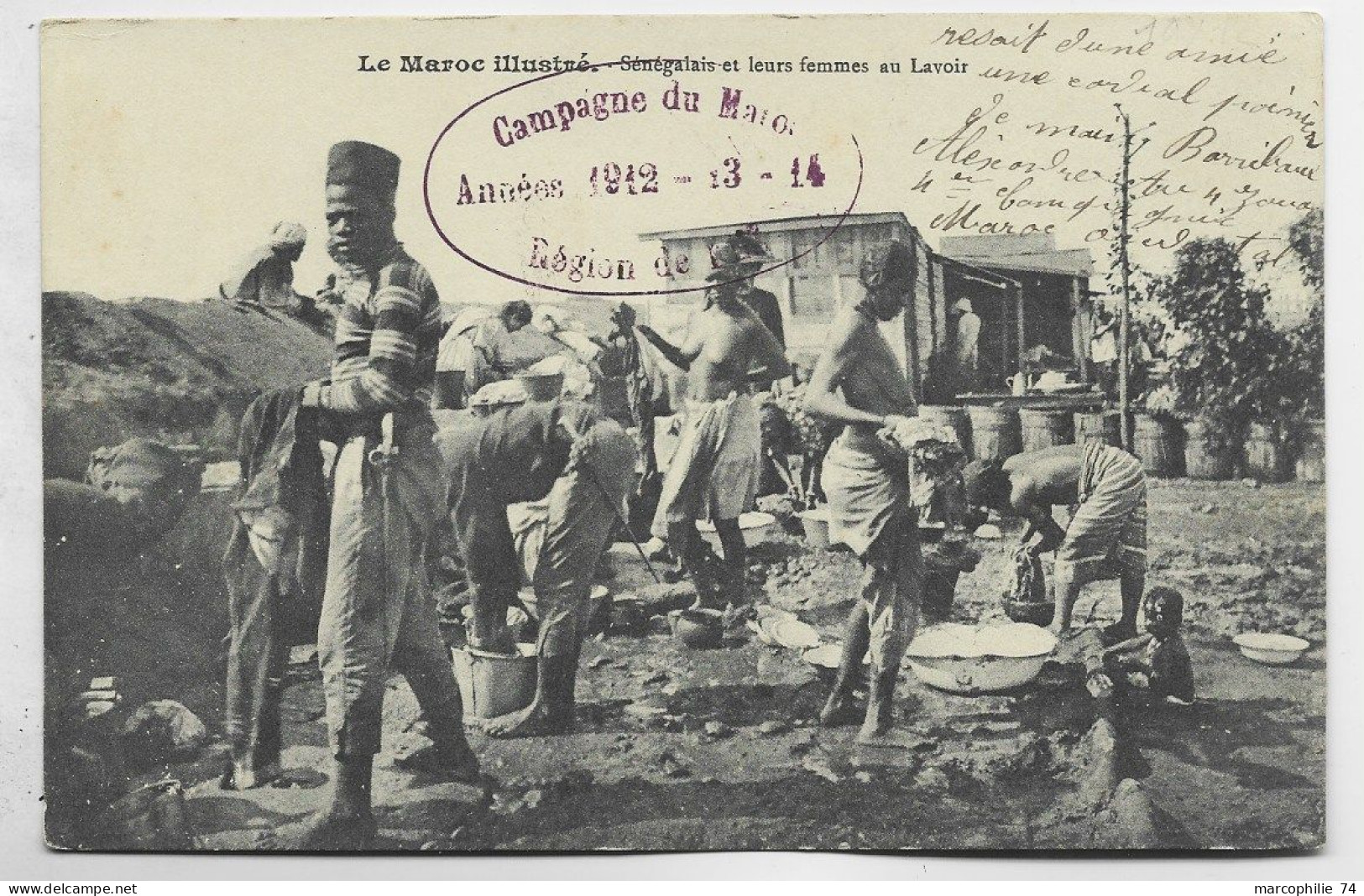 MAROC ILLUSTRE CARTE SENEGALAIS ET LEURS FEMMES AU LAVOIR + CACHET VIOLET ANNEXE 1912 1913 1914 - Storia Postale