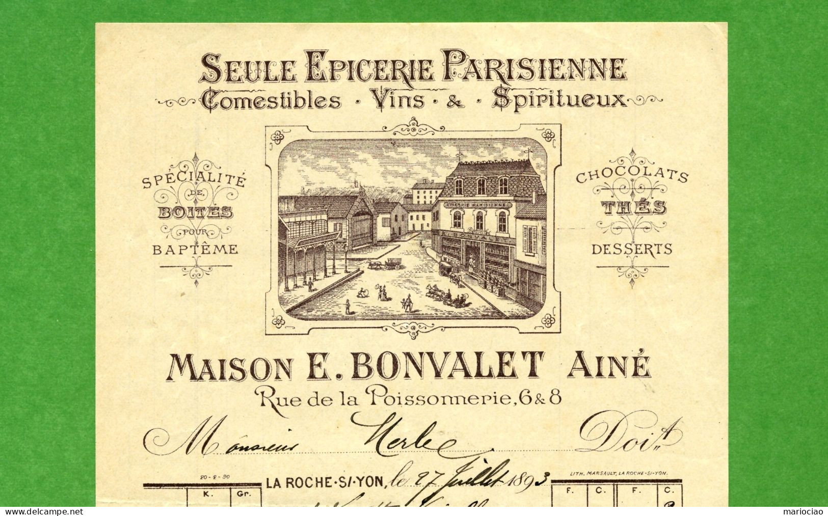 DF-FR 85 La Roche-sur-Yon 1893 Epicerie Parisienne Maison E. Bonvalet - Sonstige & Ohne Zuordnung
