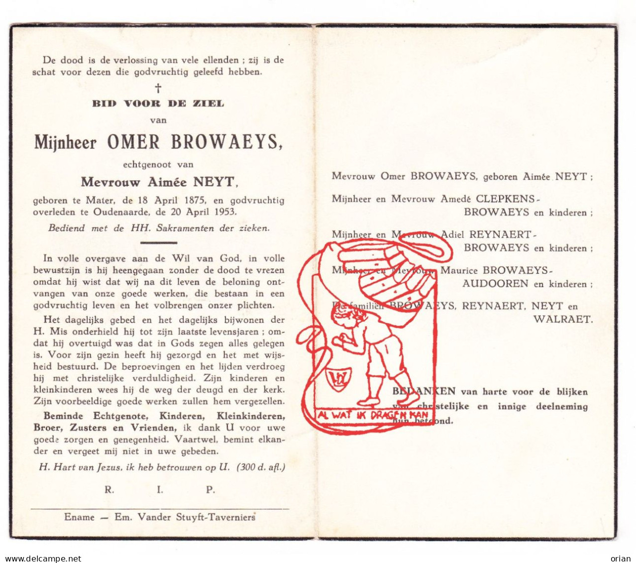 DP Omer Browaeys ° Mater 1875 † Oudenaarde 1953 Neyt Clepkens Reynaert Audooren Walraet - Devotion Images