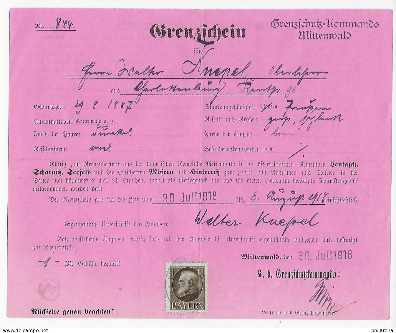 Früher Grenzschein Charlottenburg,Grenzschutzkommando Mittenwald 1918,Österreich - Brieven En Documenten