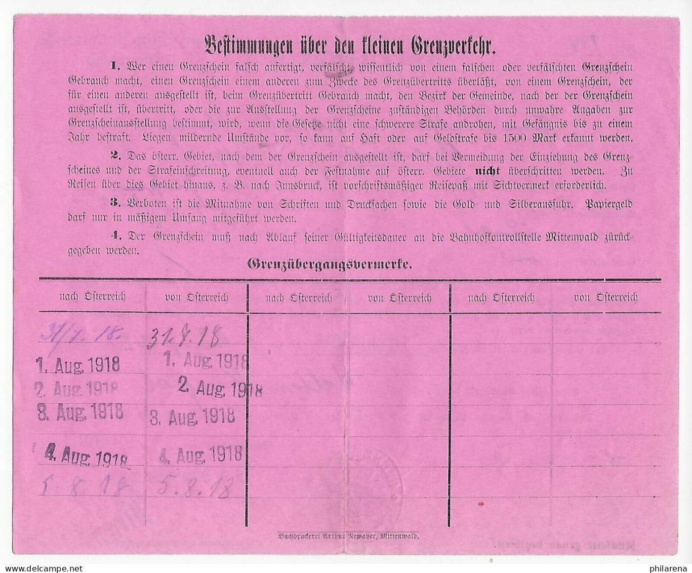 Früher Grenzschein Charlottenburg,Grenzschutzkommando Mittenwald 1918,Österreich - Cartas & Documentos