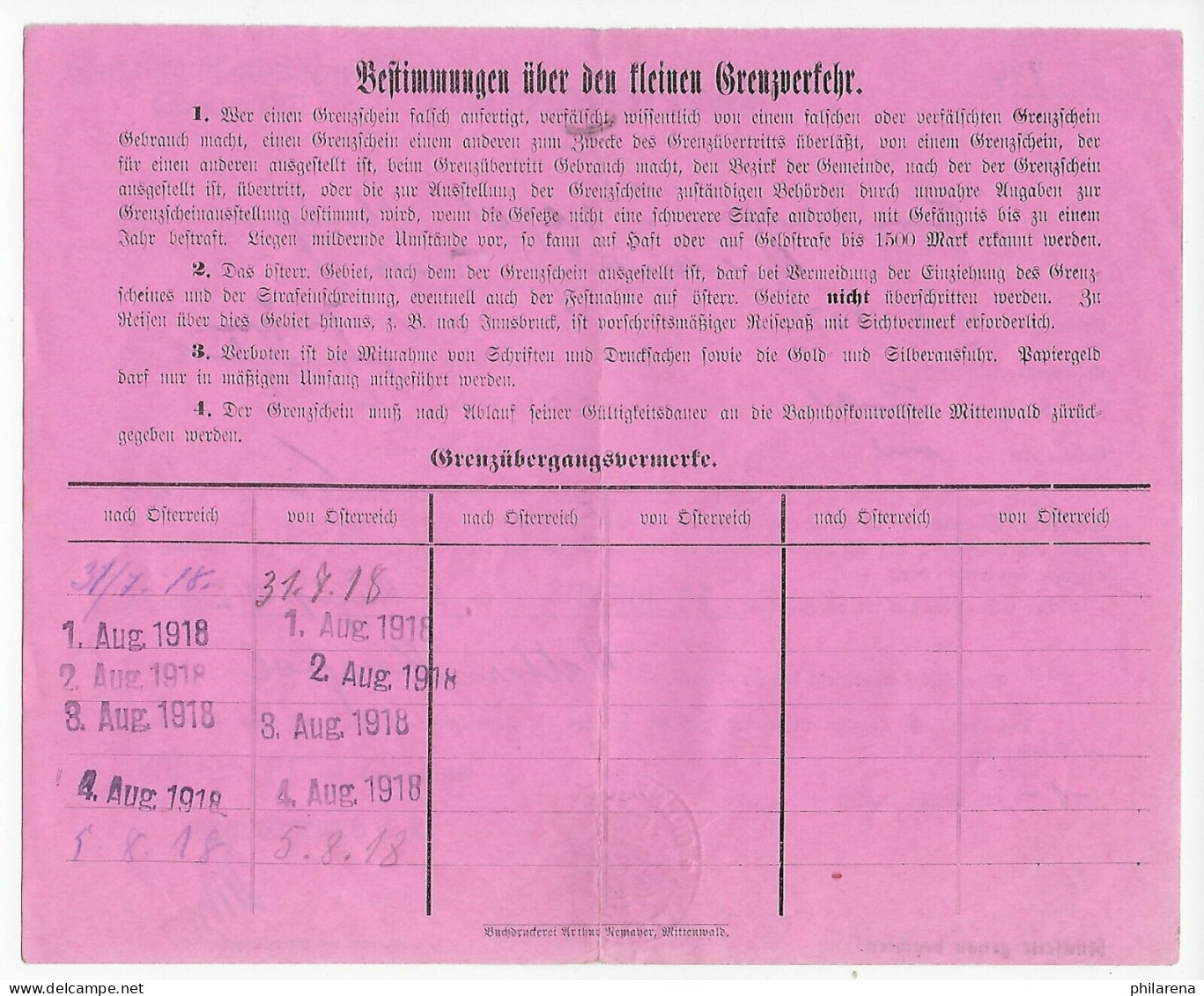 Früher Grenzschein Charlottenburg,Grenzschutzkommando Mittenwald 1918,Österreich - Brieven En Documenten