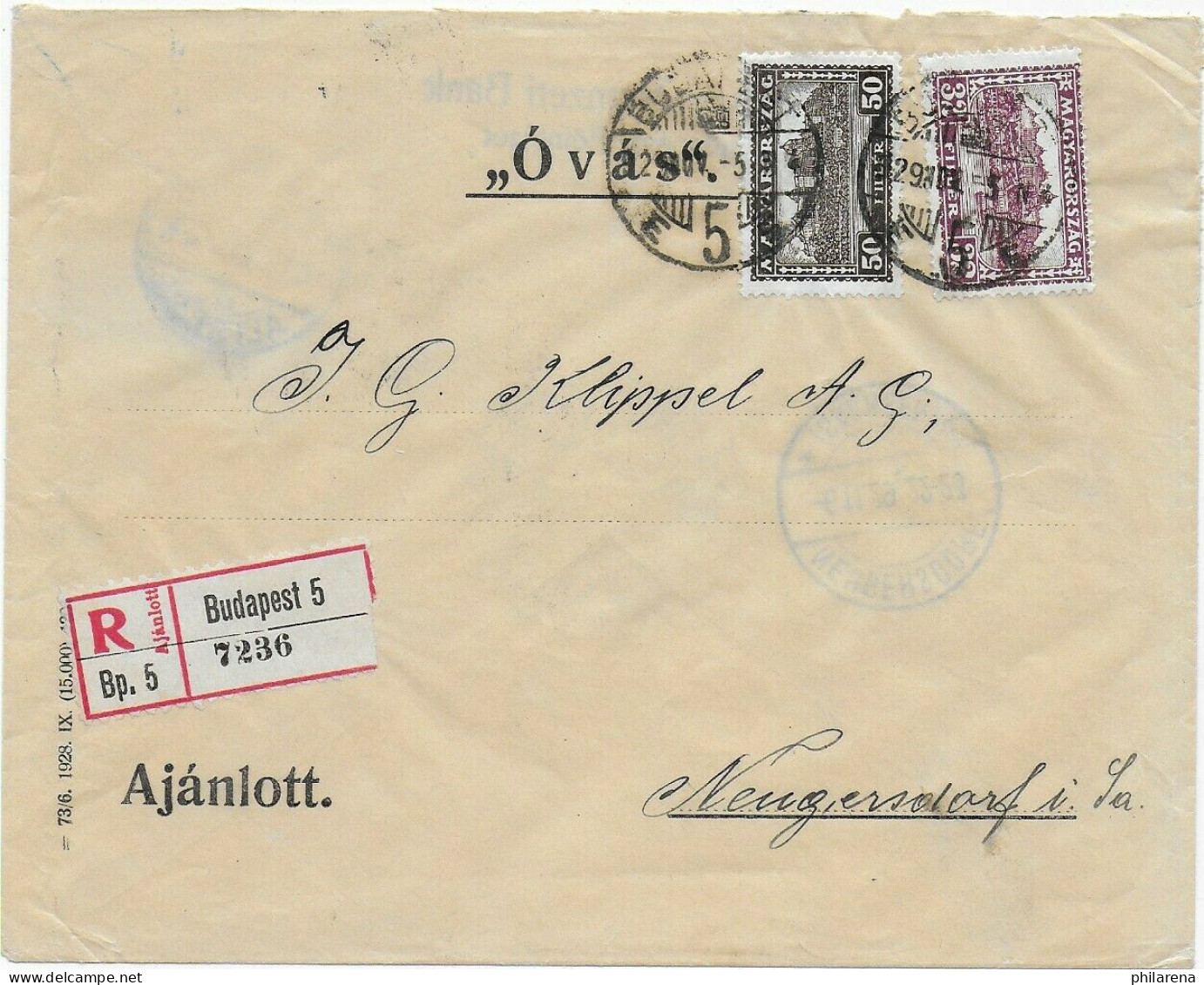 Einschreiben Budapost 1922 Nach Neugersdorf, Bankbrief - Other & Unclassified