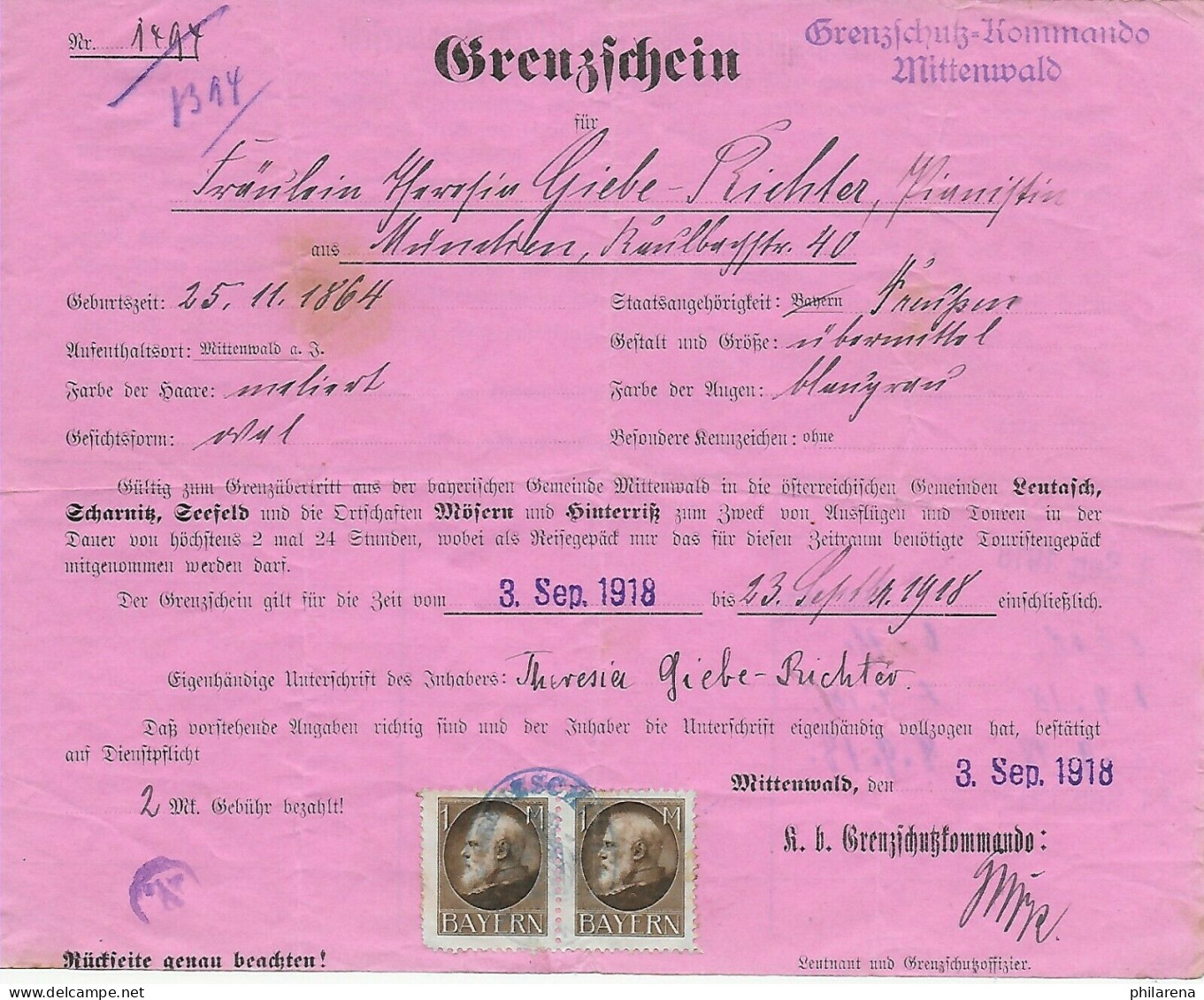 Früher Grenzschein, Grenzschutzkommando Mittenwald Aus München, 1918 - Covers & Documents