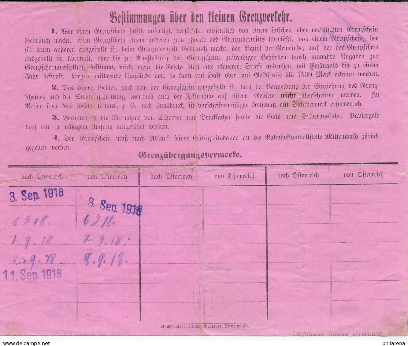 Früher Grenzschein, Grenzschutzkommando Mittenwald Aus München, 1918 - Lettres & Documents