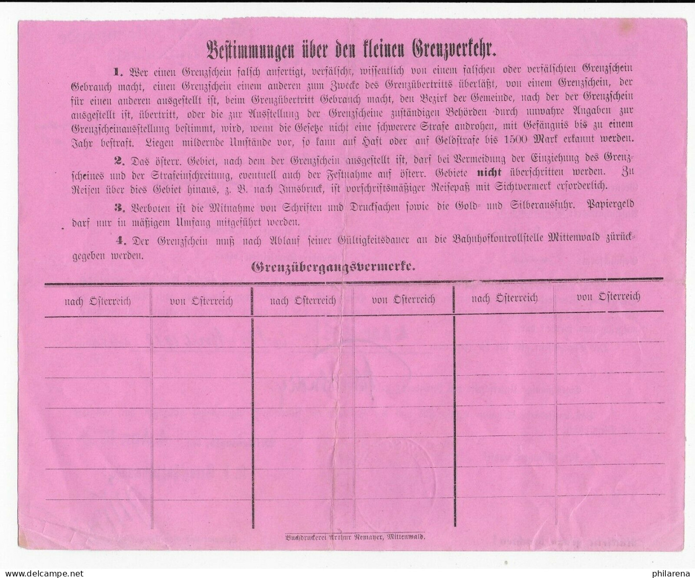 Früher Grenzschein, Berlin, Grenzschutzkommando Mittenwald 1918 Für Österreich - Brieven En Documenten