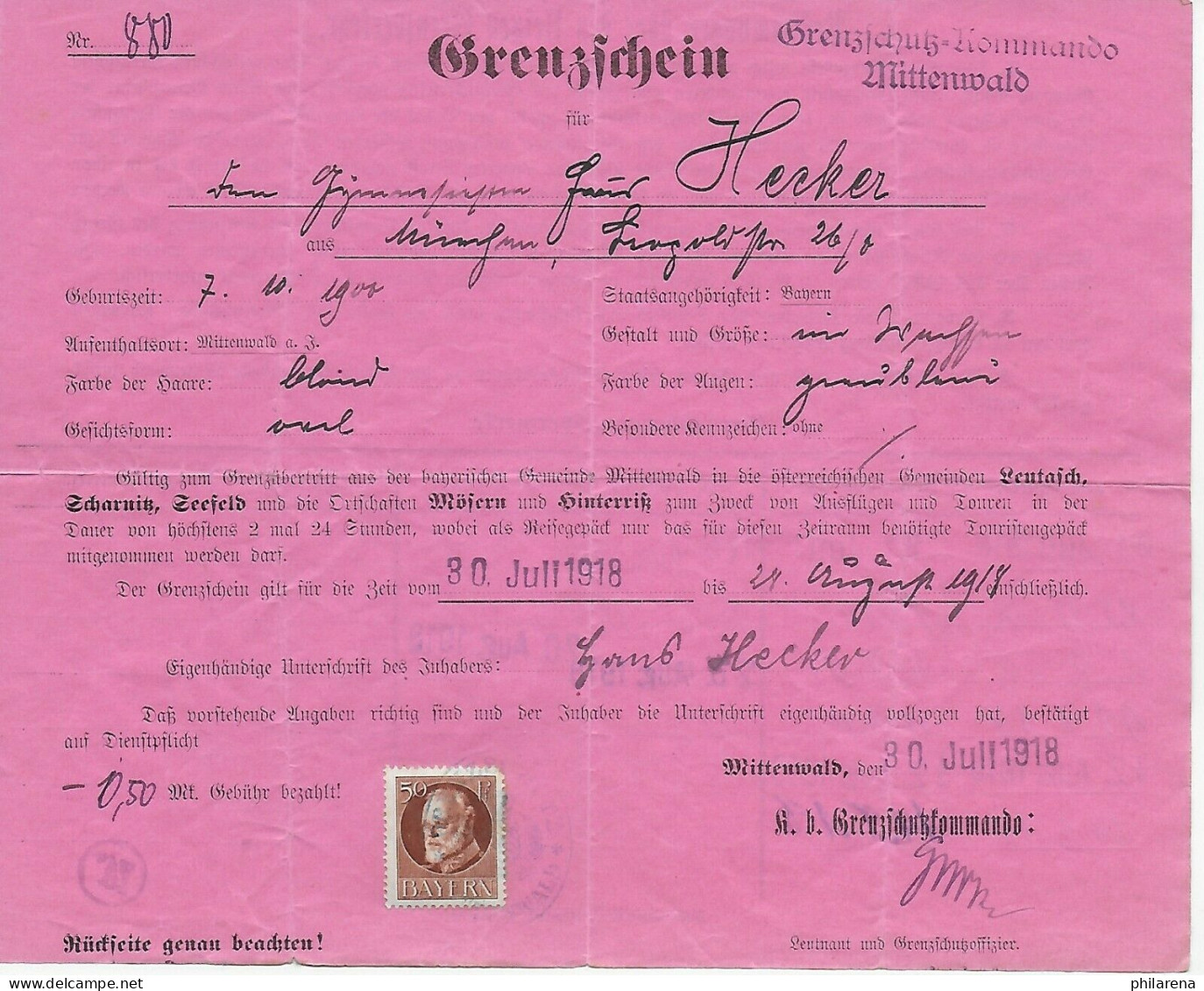 Früher Grenzschein, Von München Grenzschutzkommando Mittenwald 1918, Österreich - Lettres & Documents