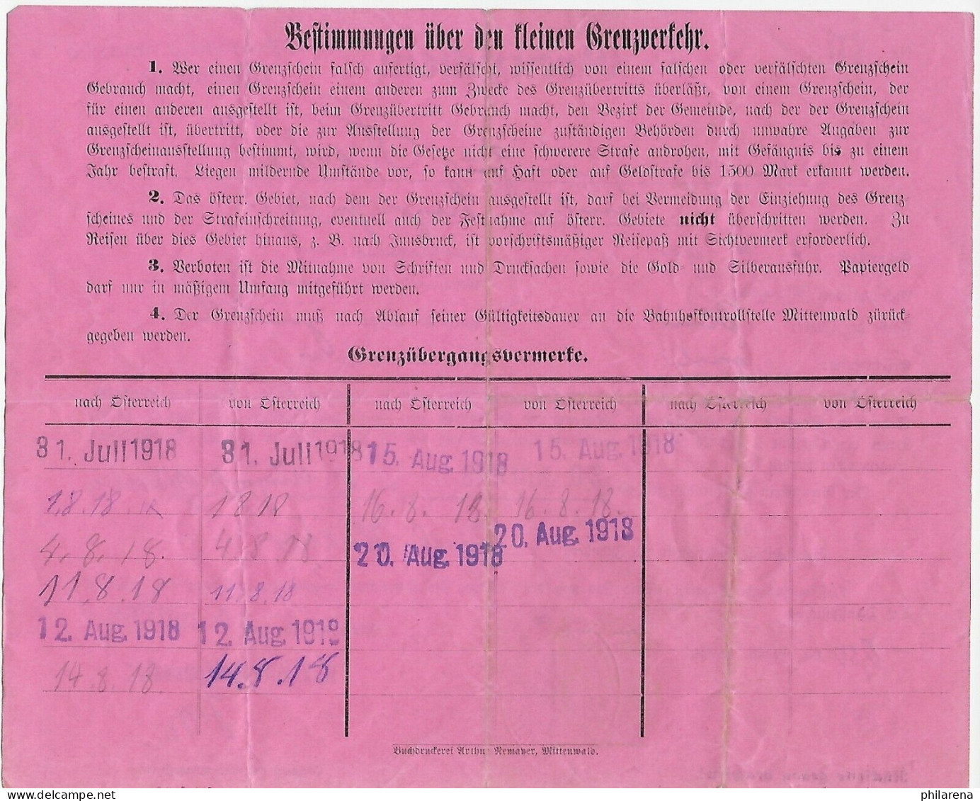 Früher Grenzschein, Von München Grenzschutzkommando Mittenwald 1918, Österreich - Lettres & Documents