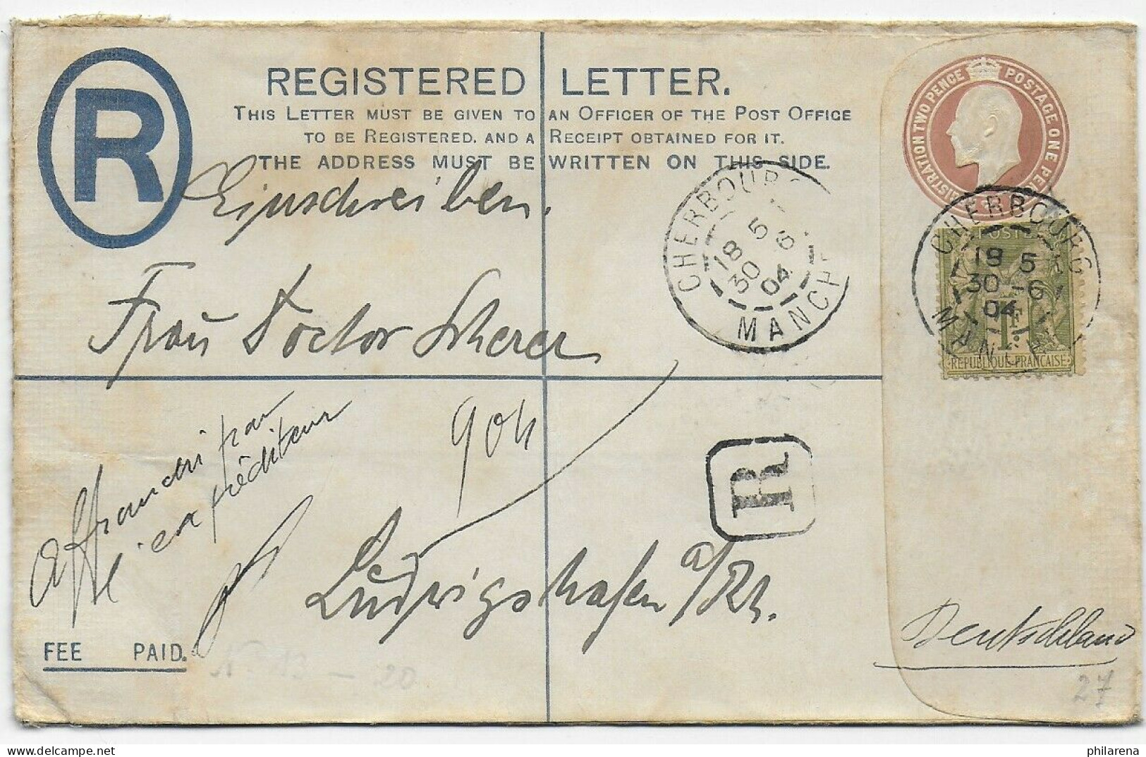 Registered Cherbourg 1904 To Ludwigshafen, France Use - Autres & Non Classés
