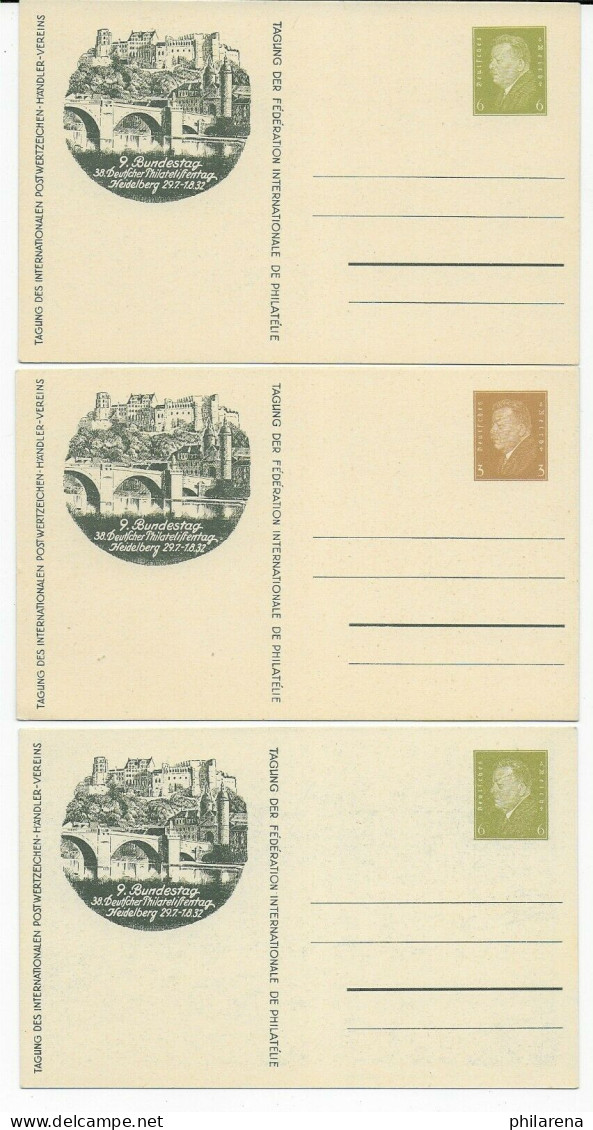 3x Ganzsache: 9. Bundes-Philatelistentag, 1932, 1x Mit Ansicht Heidelberg - Covers & Documents