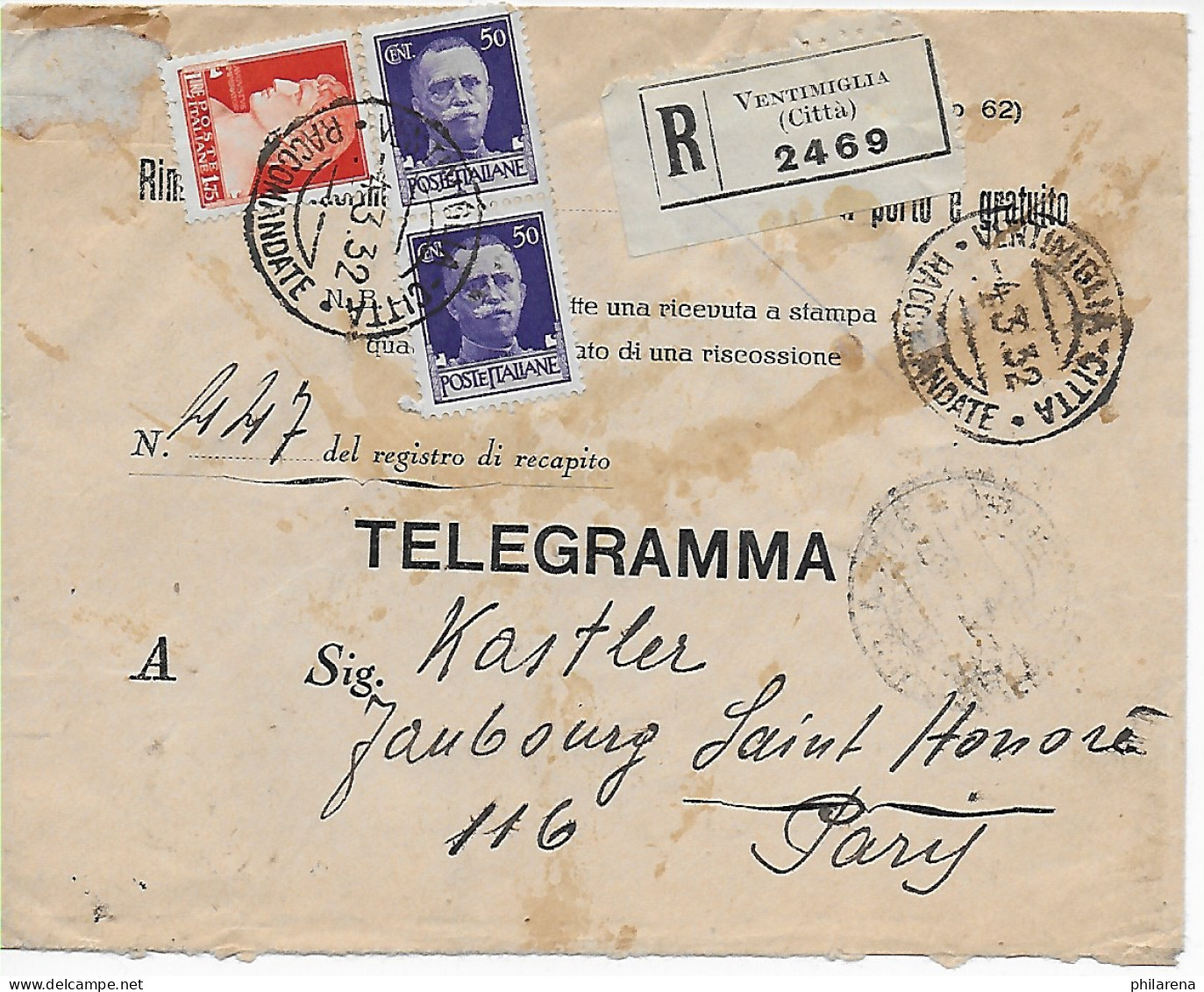 Einschreiben Ventimiglia Nach Paris, Telegram 7F,  1932 - Non Classés